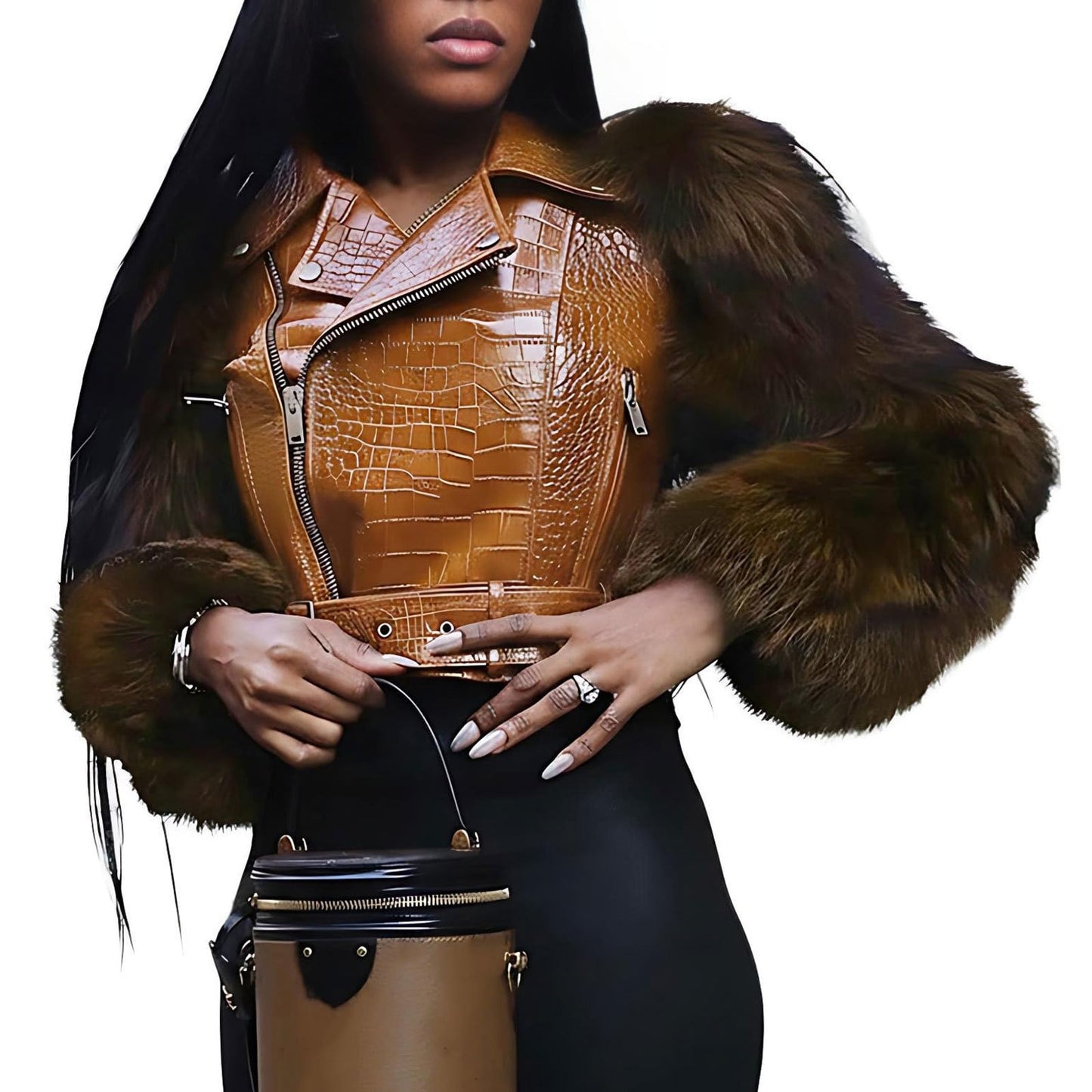 Akmipoem Leather Jacket Women Cropped PU Moto Coat Faux Fur Sleeve Short Biker Jackets Fall Streetwear with Belt Brown XXL