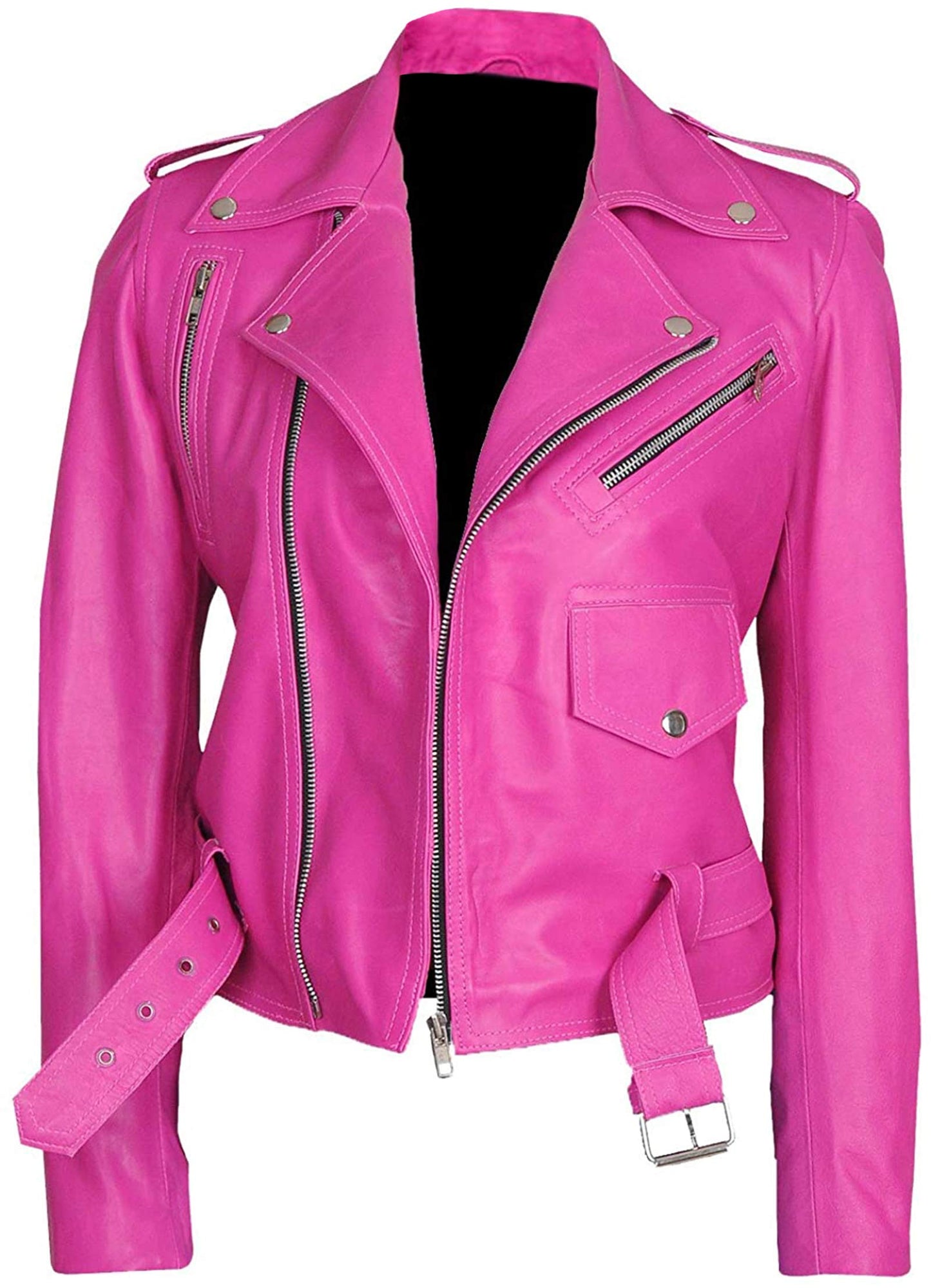 LP-FACON Womens Hot Pink Real Leather Jacket Motorcycle Brando Biker Genuine Leather Jacket