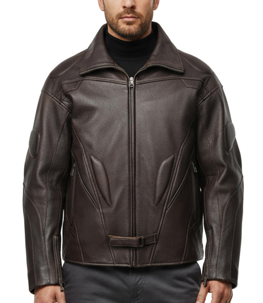 FLAVOR Men's Classic Genuine Lambskin Leather Motorcycle Jacket Windproof (Dark Brown, L)