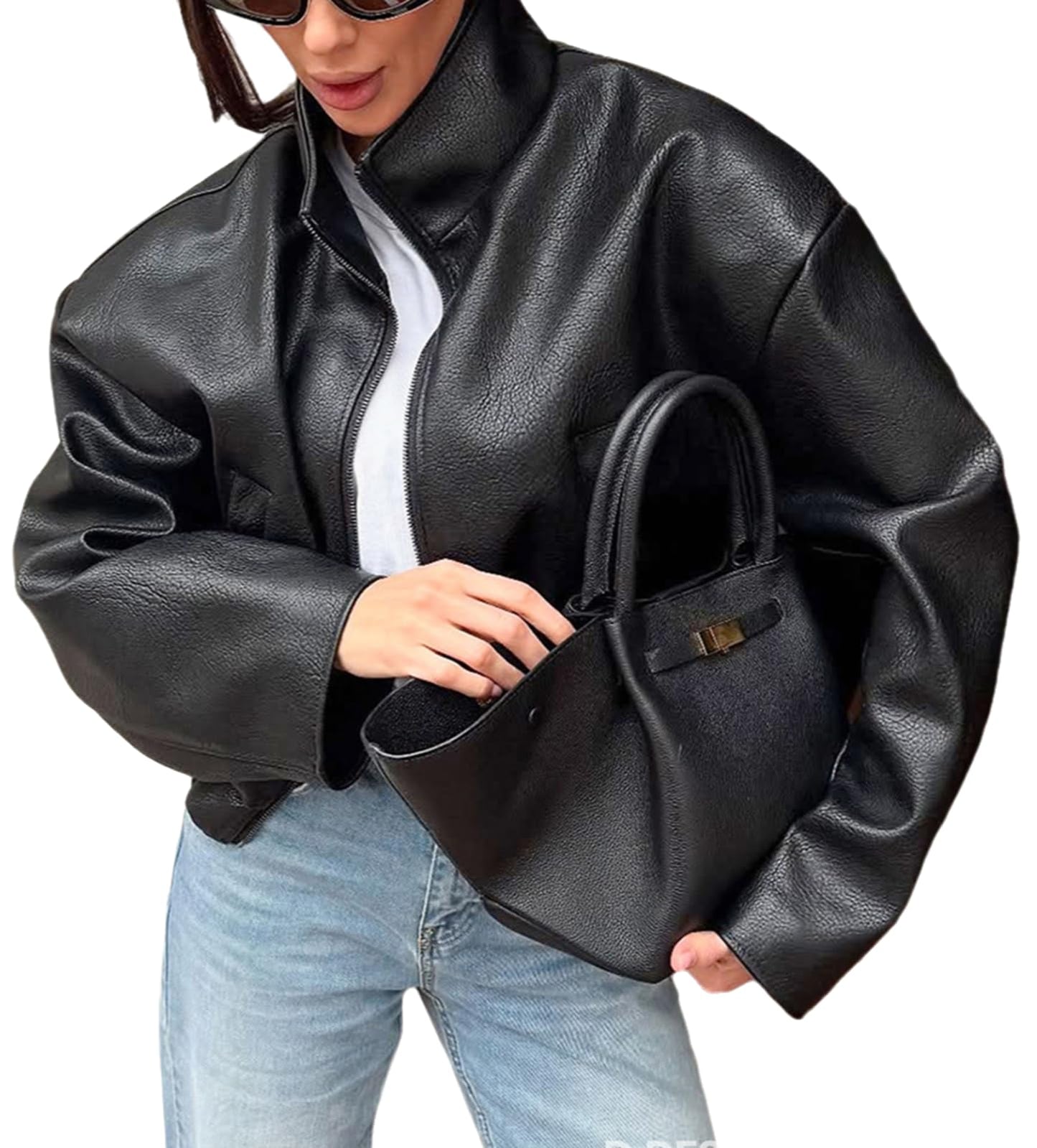 RISCUYY Oversized Leather Jacket for Women Faux Leather Stand Collar Motorcycle Going Out Long Sleeve Bomber Jacket Women