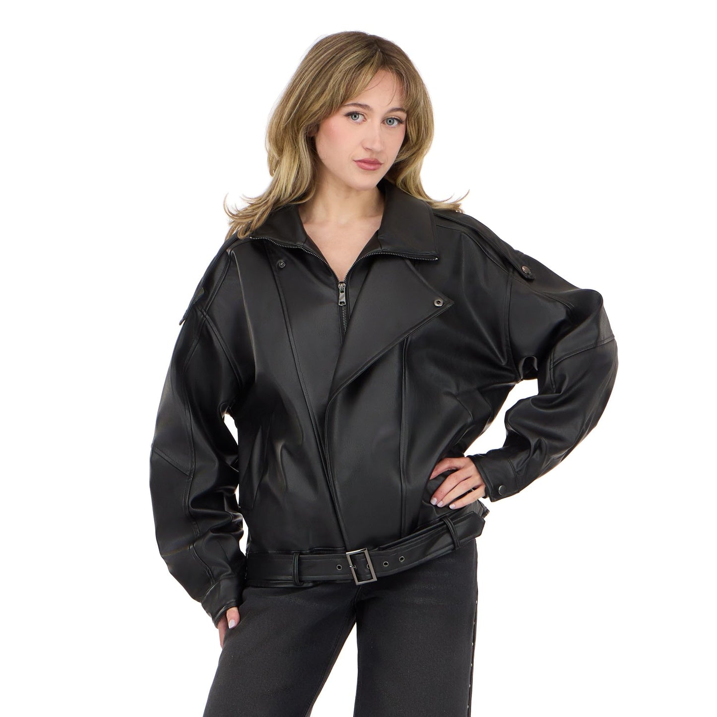 Forever 21 Women’s Oversized PU Jacket with Belted Waist, Faux Leather Outerwear, Relaxed Fit Coat for Casual Street Style and Everyday Wear, Black, Medium