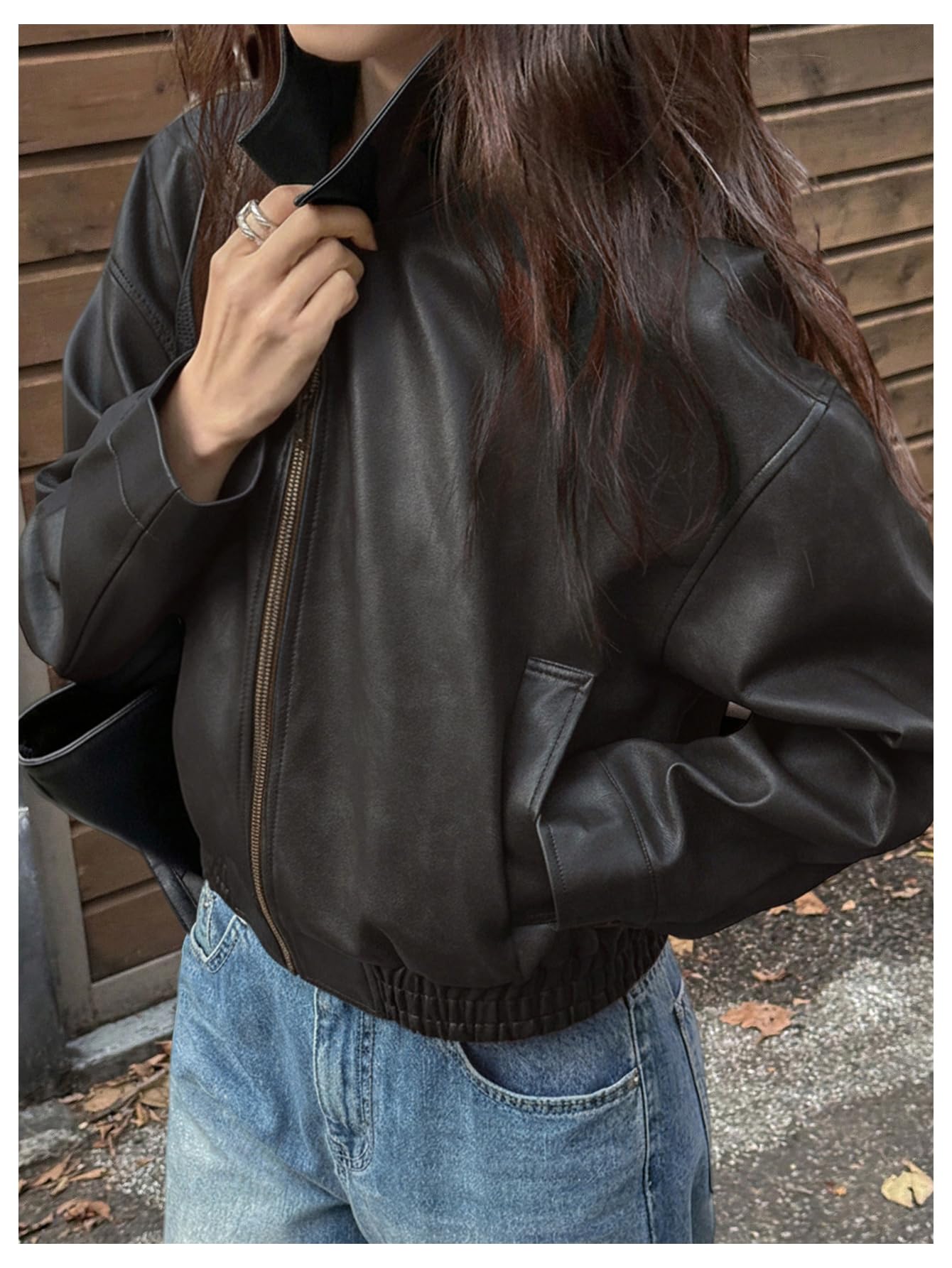 BEAUDRM Women's Y2K Faux Leather Jacket Zip Up Crop Bomber Jacket Going Out Motor Bike Motorcycle Coat Streetwear with Pocket Black Large