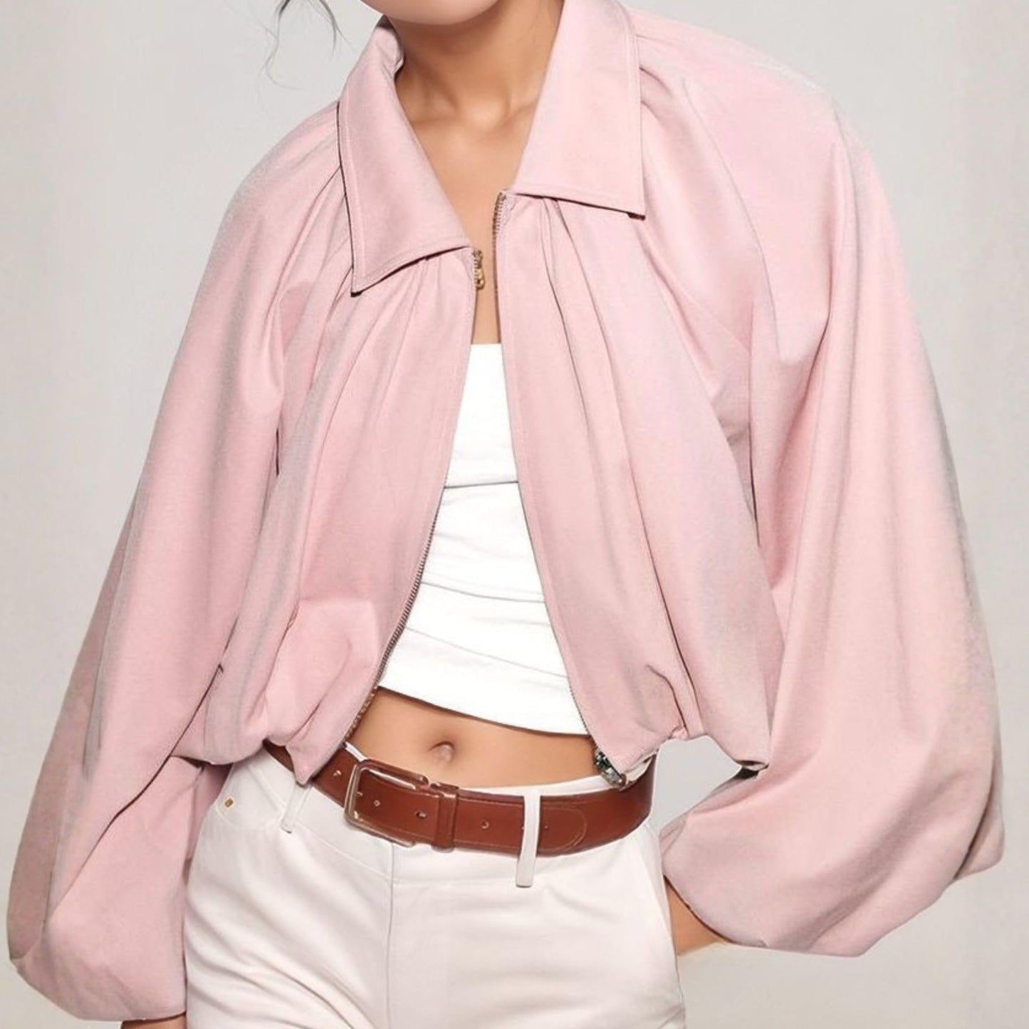 Xunger Women’s Puff Sleeve Bomber Jacket Casual Lapel Collar Full Zip Loose Fit Fashion Spring Fall Crop Pleated Shirts(1129-Pink-M-RD)