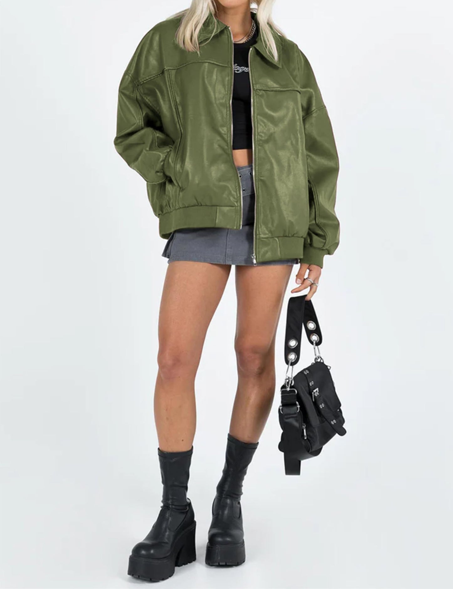 EsheSy Women's Oversized Leather Jacket Faux Suede Boyfriend Motorcycle Full Zip Bomber Jacket(Green-S)