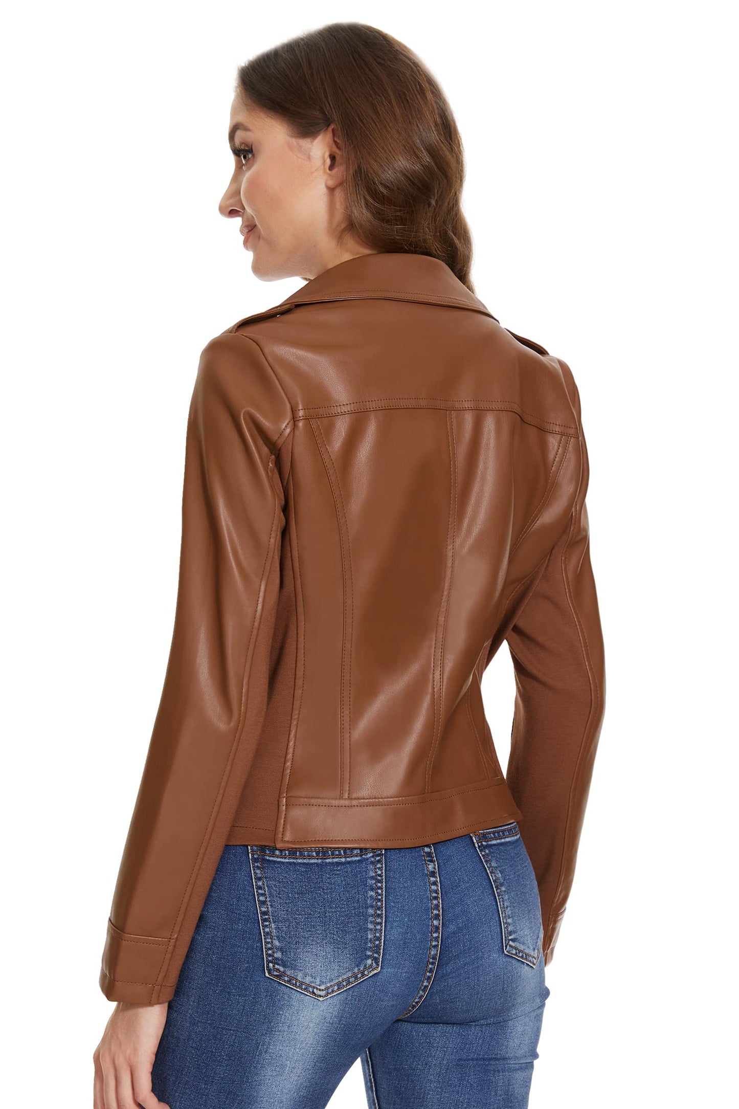 Fahsyee Women's Faux Leather Jackets, Zip Up Motorcycle Elastic Sleeve Short PU Moto Biker Outwear Fitted Coat Brown M