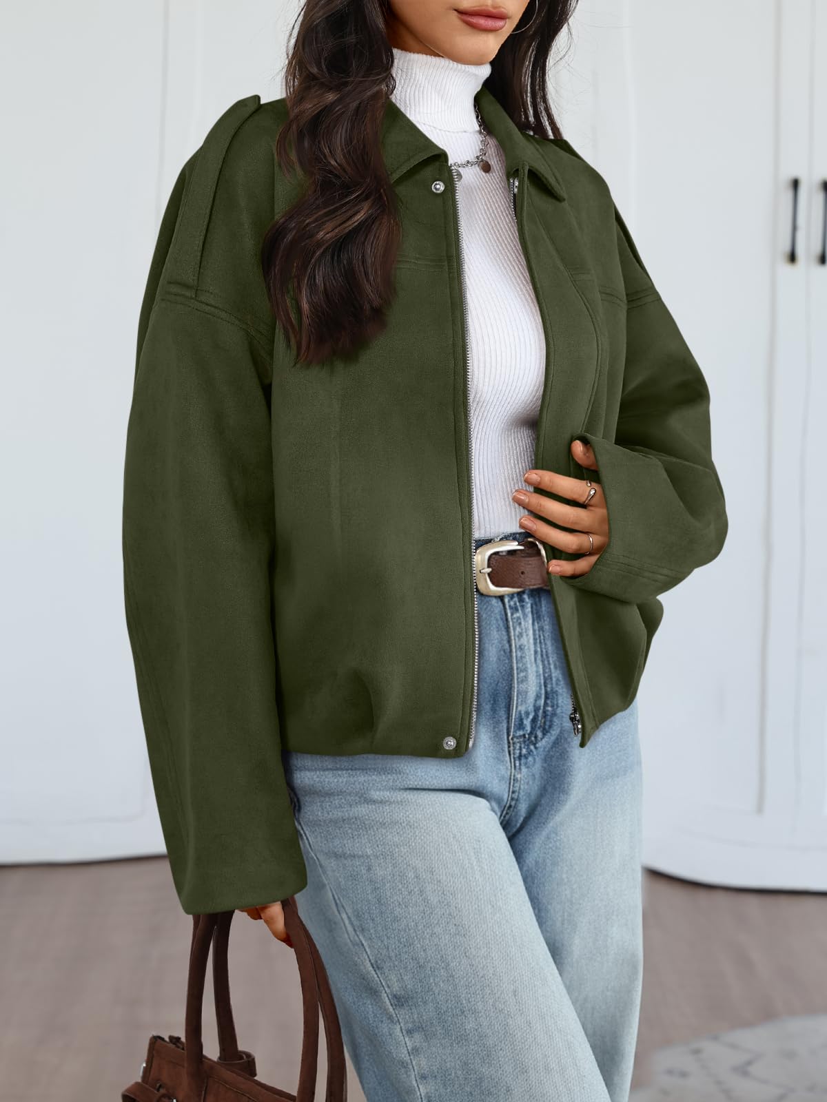 Trendy Queen Womens Faux Suede Bomber Jacket Fall Oversized Zip Up Cropped Jackets Winter Motorcycle Coat 2026 ArmyGreen XS