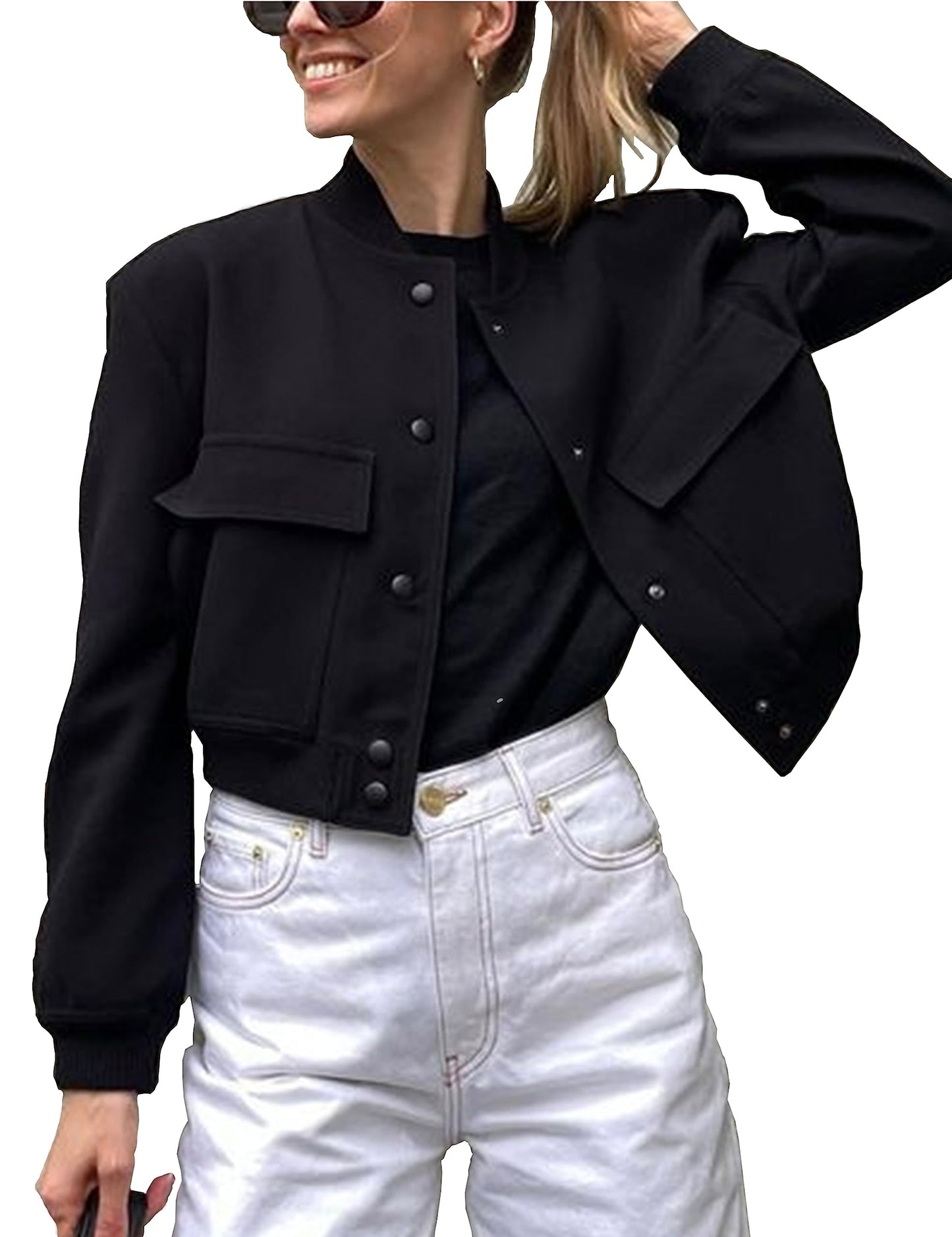 Megfie Womens Cropped Bomber Jacket Button Down Varsity Jackets Shackets With Pockets (0394-Black-XL)