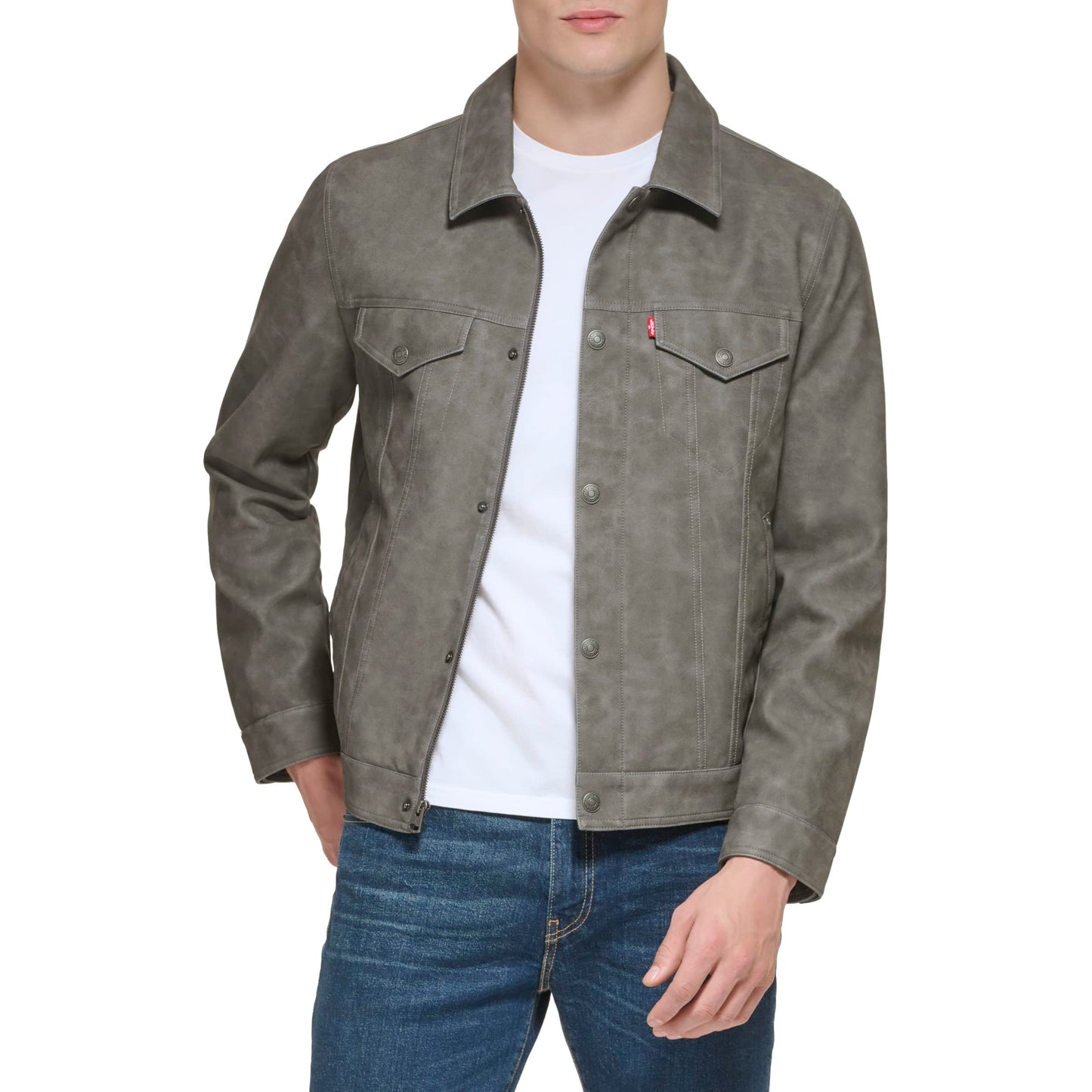 Levi's Men's Faux Leather Classic Trucker Jacket, New Light Grey, Large