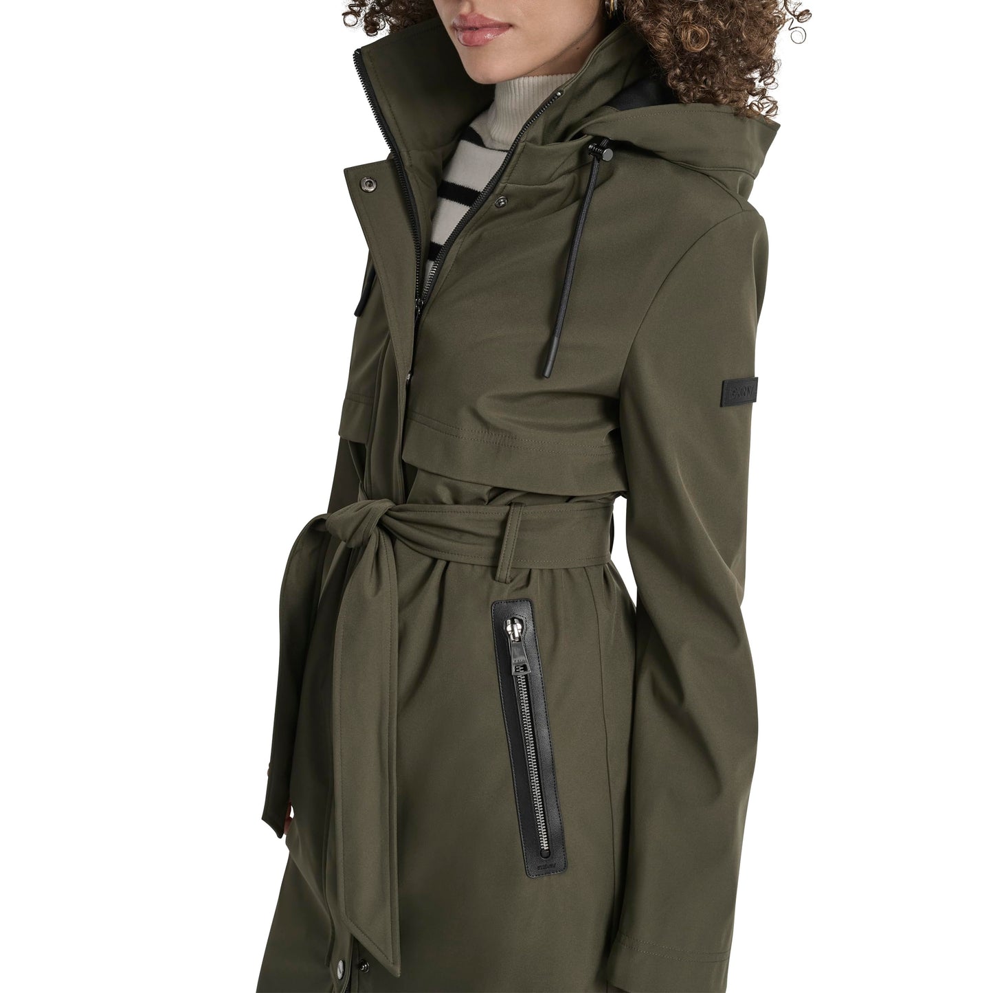 DKNY Women's Hooded Belted Trench Coat – Long Water-Resistant Lightweight Jacket with Pockets, Loden, XL