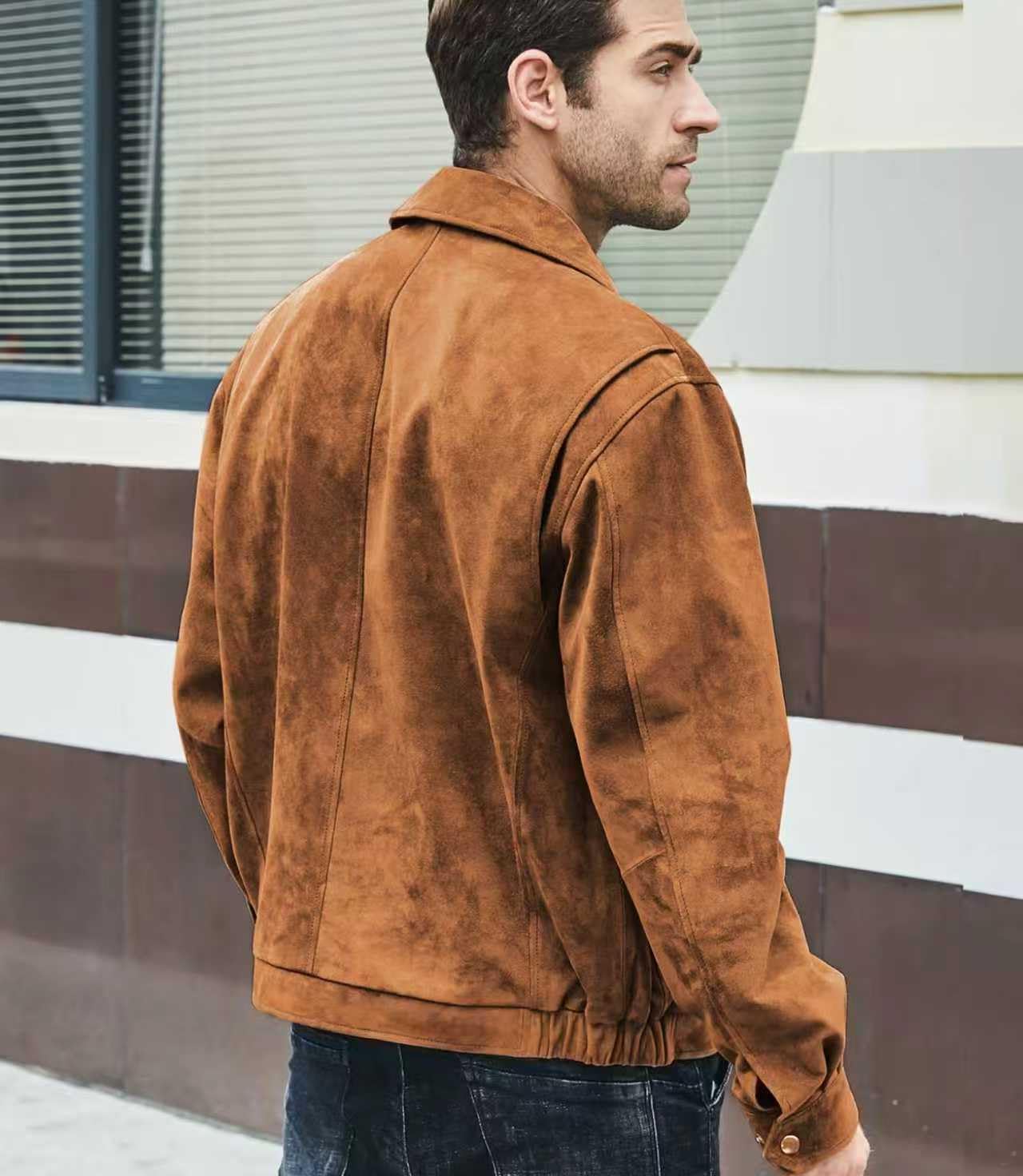 FLAVOR Men's Suede Leather Bomber Jacket Casual Coat for Men (Medium, Brown)