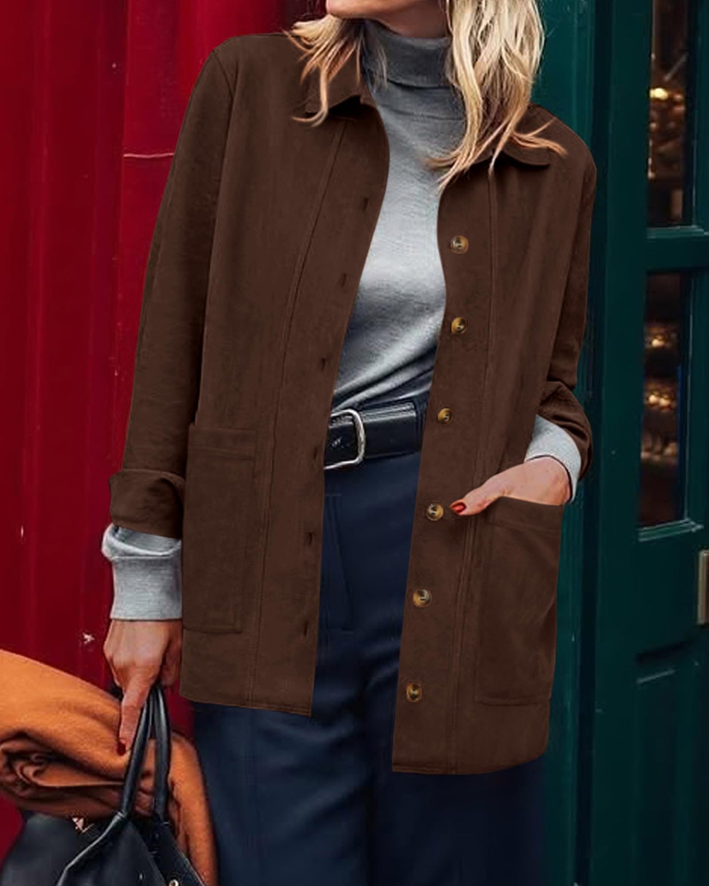 BTFBM Fall Fashion Faux Suede Jacket Women Winter Clothing,Coffee,M
