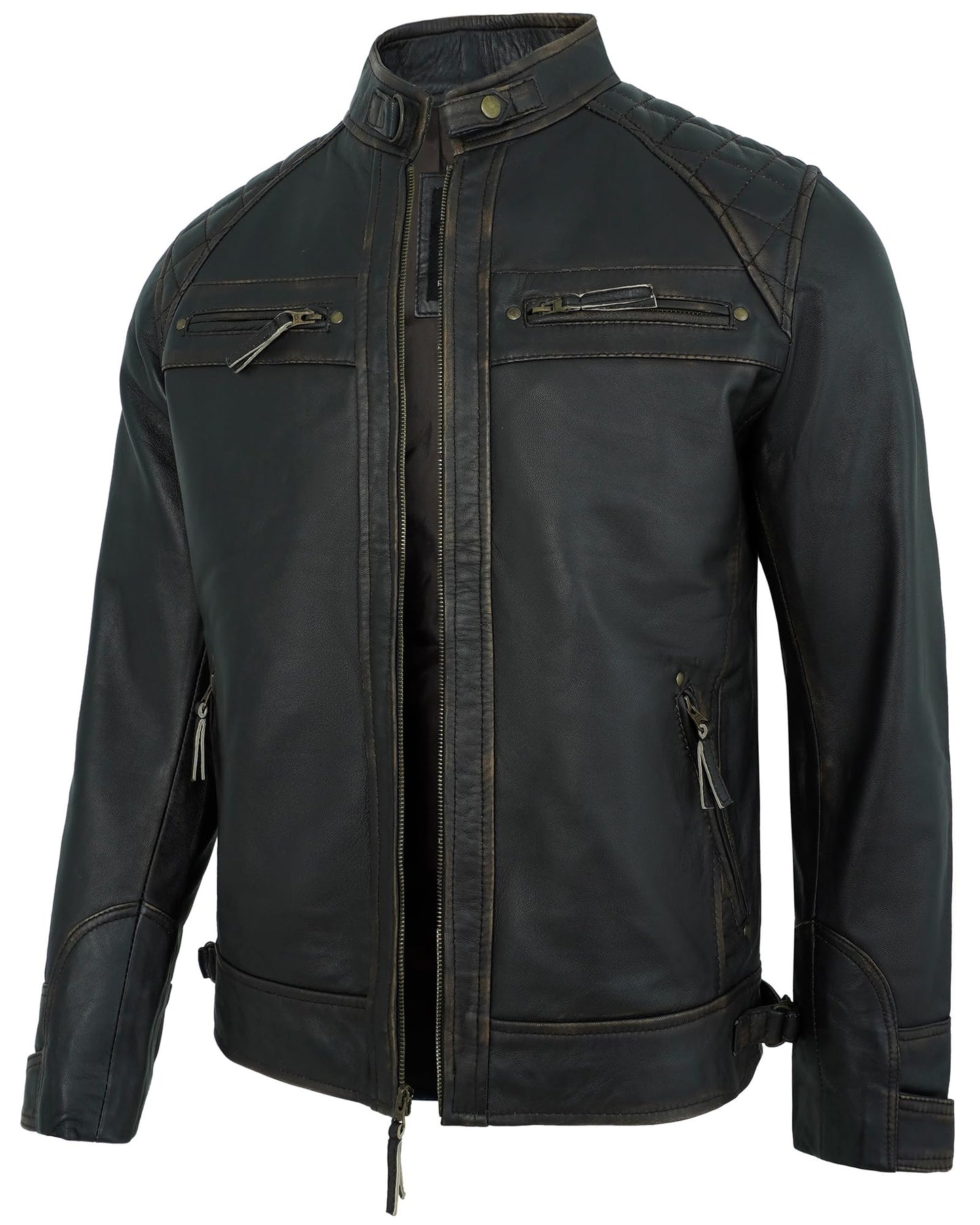 UrbanFocal Brown Leather Jacket Men - Quilted Moto Jacket Men for Bikers | [101000303] Diamond1 Ruboff, M