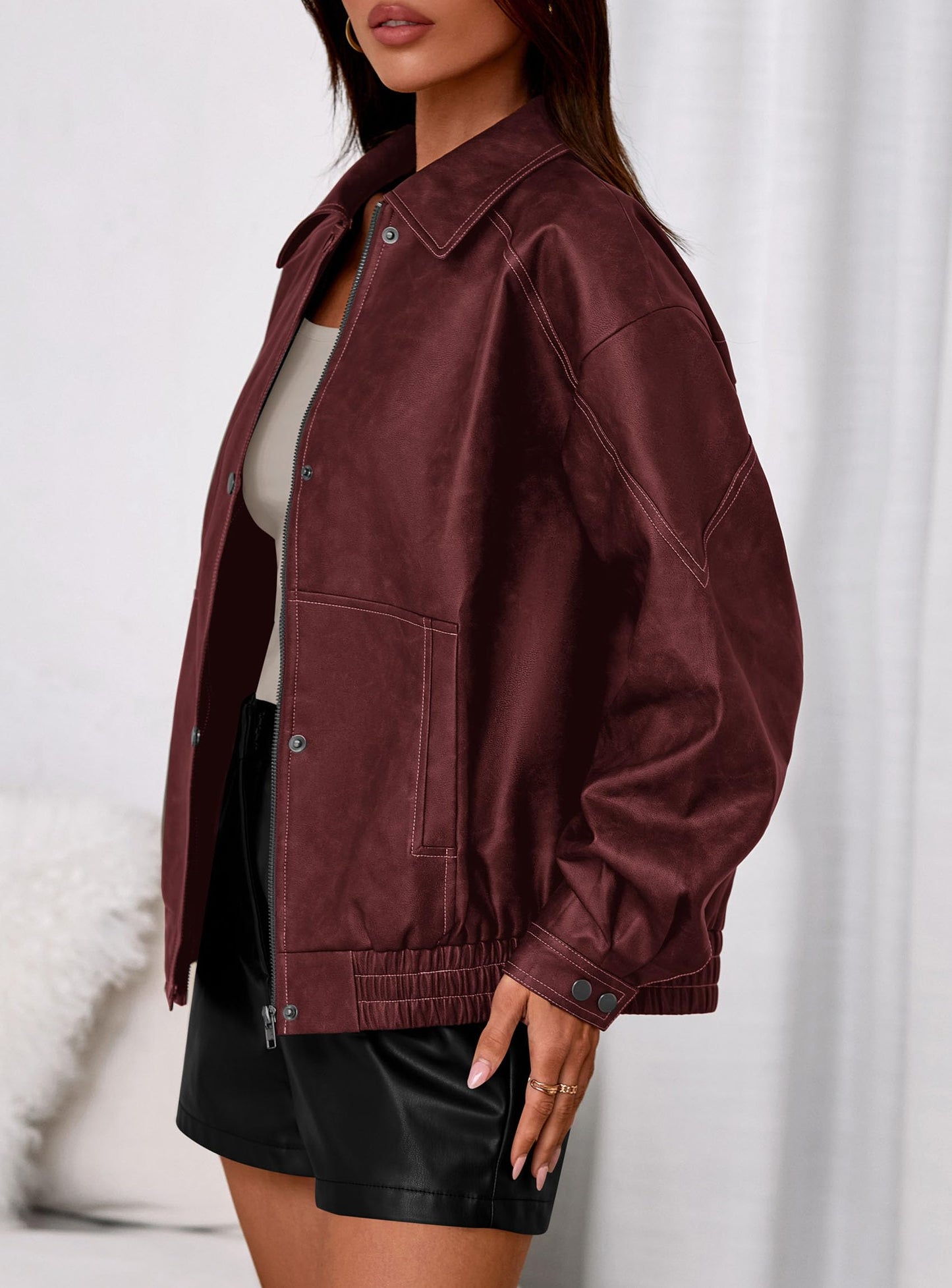 PRETTYGARDEN Faux Leather Jacket Women Bomber Motorcycle Zip Up Jackets Oversized Fall Fashion Outfits 2026 Winter Coats (Wine Red,Medium)