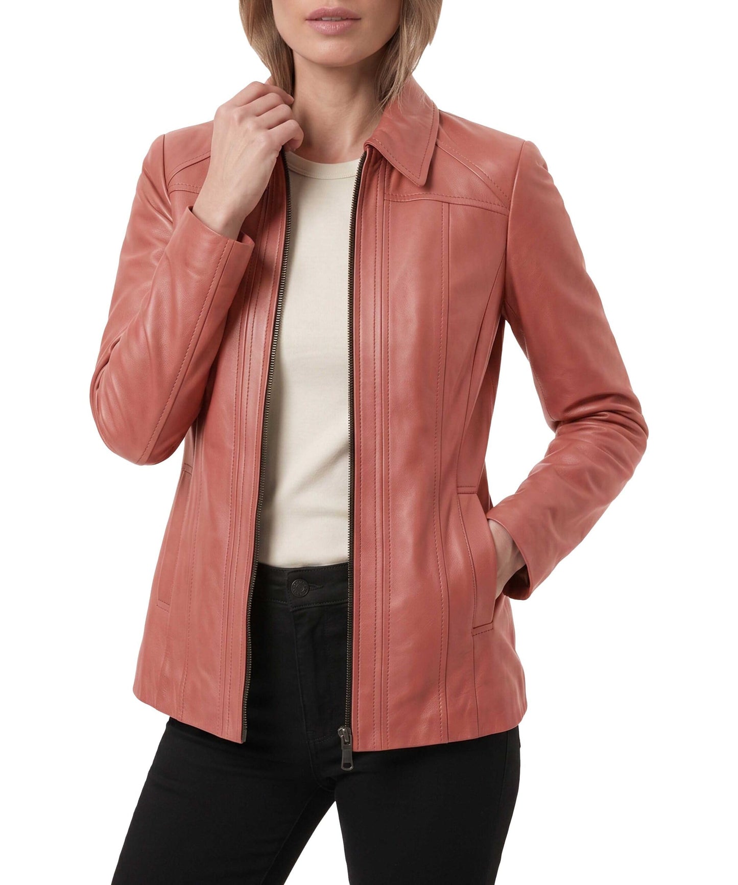 TRENDS GENESIS Pink Leather Car Coat Women Genuine Lambskin Long Leather Jacket Classic Outerwear XL