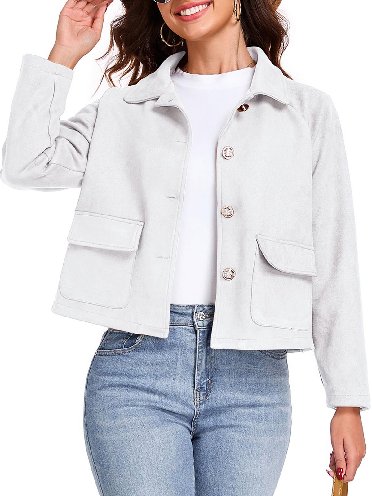 KateModa Women's Faux Suede Leather Jackets Cropped Casual Lapel Collar Button Down Lightweight Spring Vintage Shackets