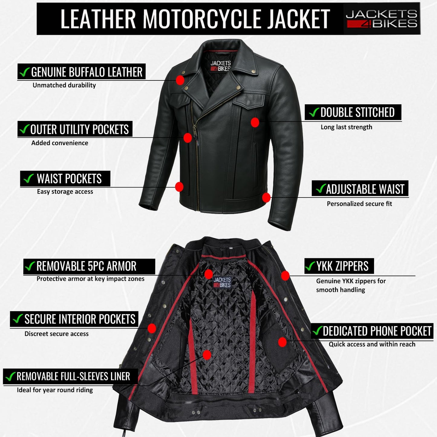 OUTRIDER Men's Motorcycle Jacket, Premium Natural Buffalo Leather, CE Armor, Utility Pockets, Biker Touring Black XL