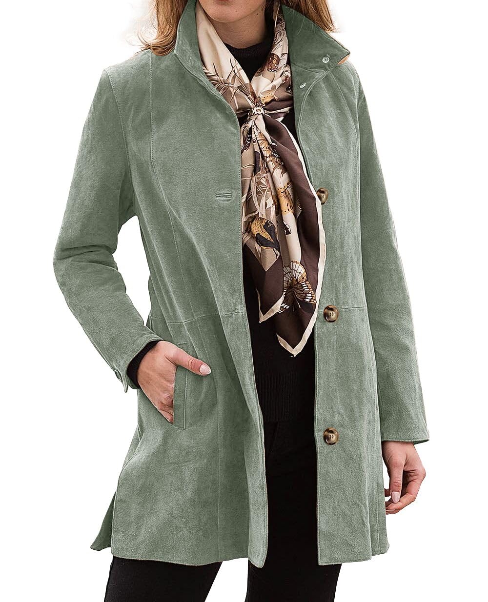 Women's Single Breasted Suede Leather Jacket Coat 2025 Fashion Winter Stand Collar Trench Coats