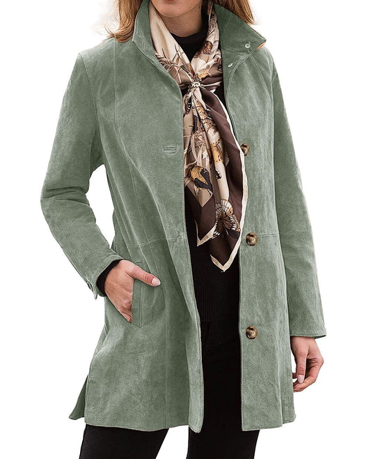 Women's Single Breasted Suede Leather Jacket Coat 2025 Fashion Winter Stand Collar Trench Coats