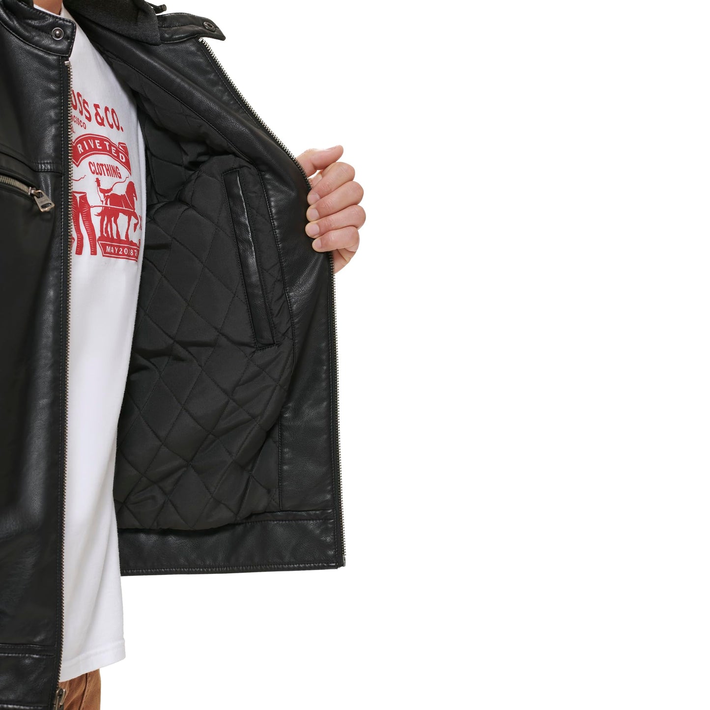 Levi's Men's Faux Leather Hooded Racer Jacket, Black Modern Lamb, Large