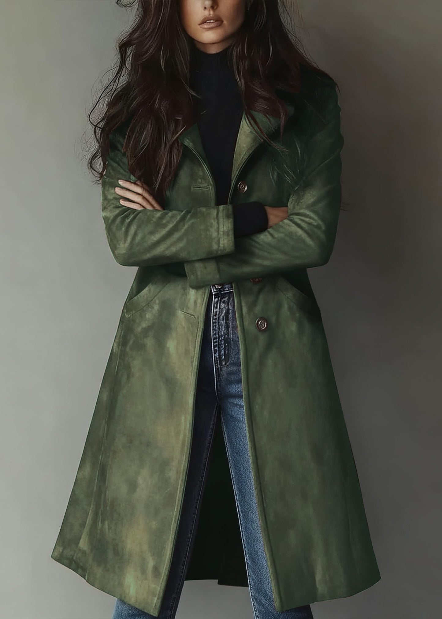 utcoco Womens Long Suede Trench Coat Single Breasted Leather Trench Overcoat with Pocket (X-Small, Army Green)