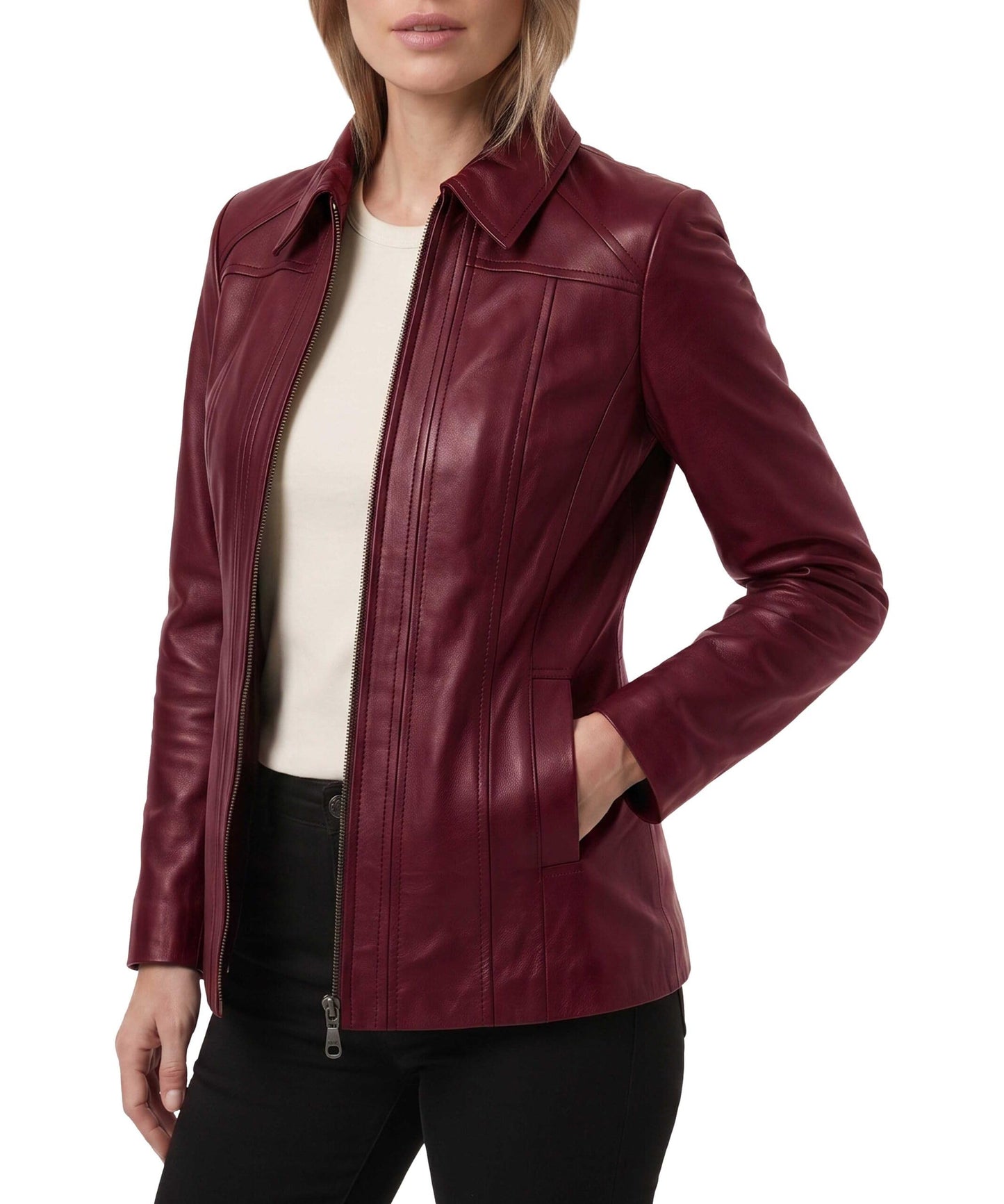 TRENDS GENESIS Maroon Leather Car Coat Women Genuine Lambskin Long Leather Jacket Classic Outerwear XL