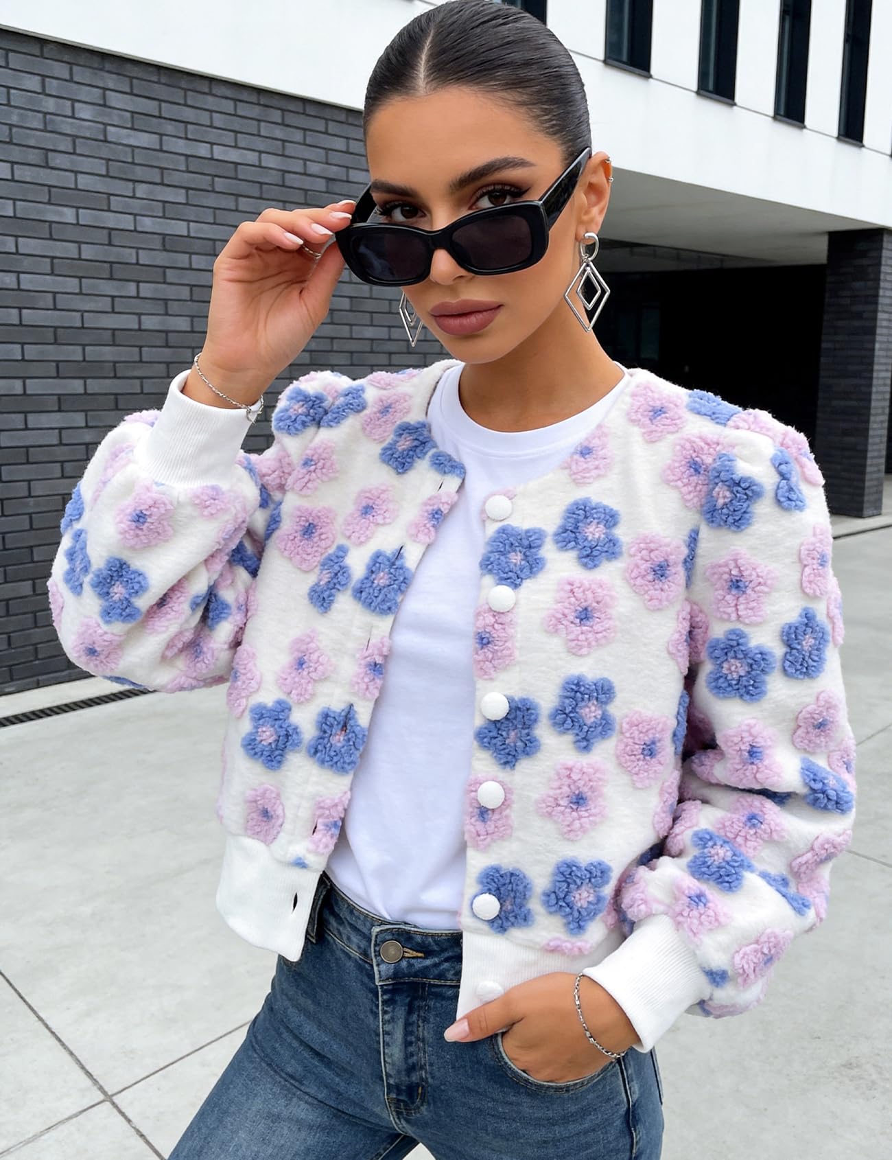 Flygo Women's Cropped Floral Print Bomber Jacket Warm Fleece Varsity Jacket Casual Button Down Puff Sleeve Coat Outerwear PurplePink-XL
