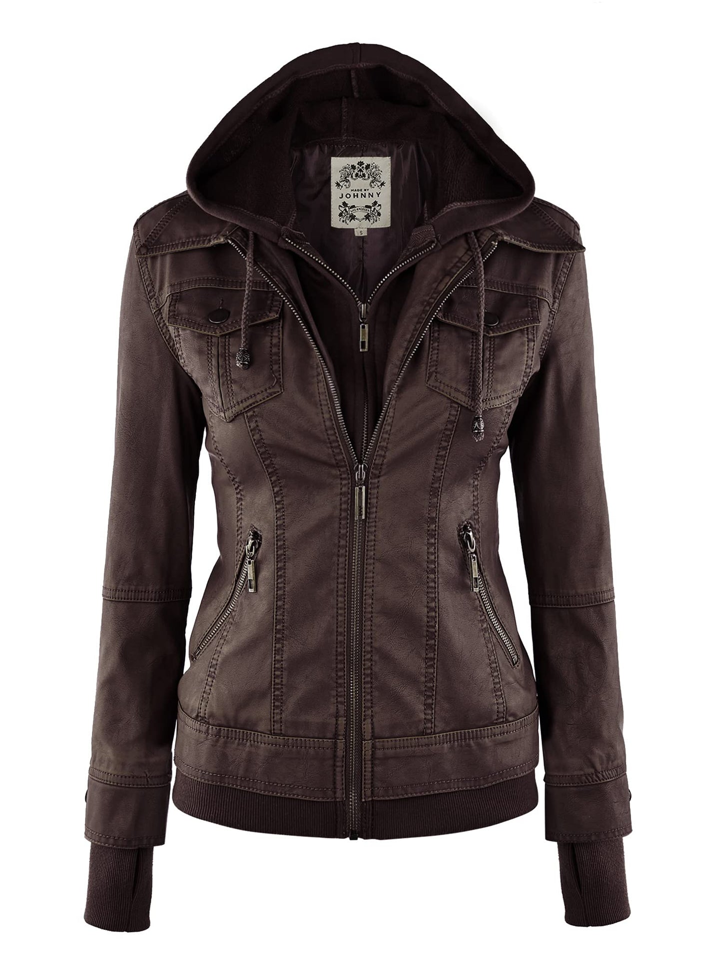 Made By Johnny MBJ WJC664 Womens Faux Leather Jacket with Hoodie XXL Coffee