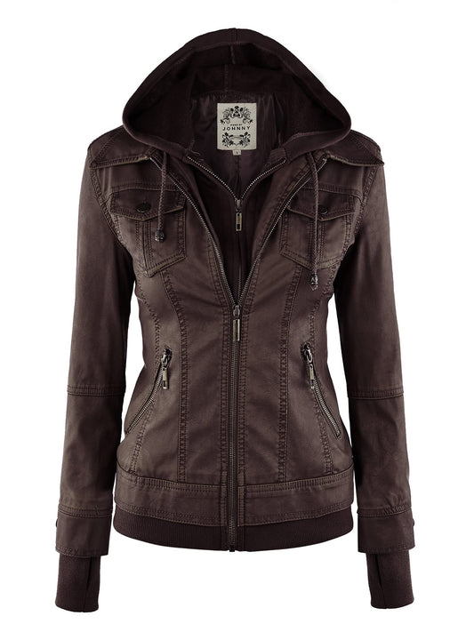 Made By Johnny MBJ WJC664 Womens Faux Leather Jacket with Hoodie XXL Coffee