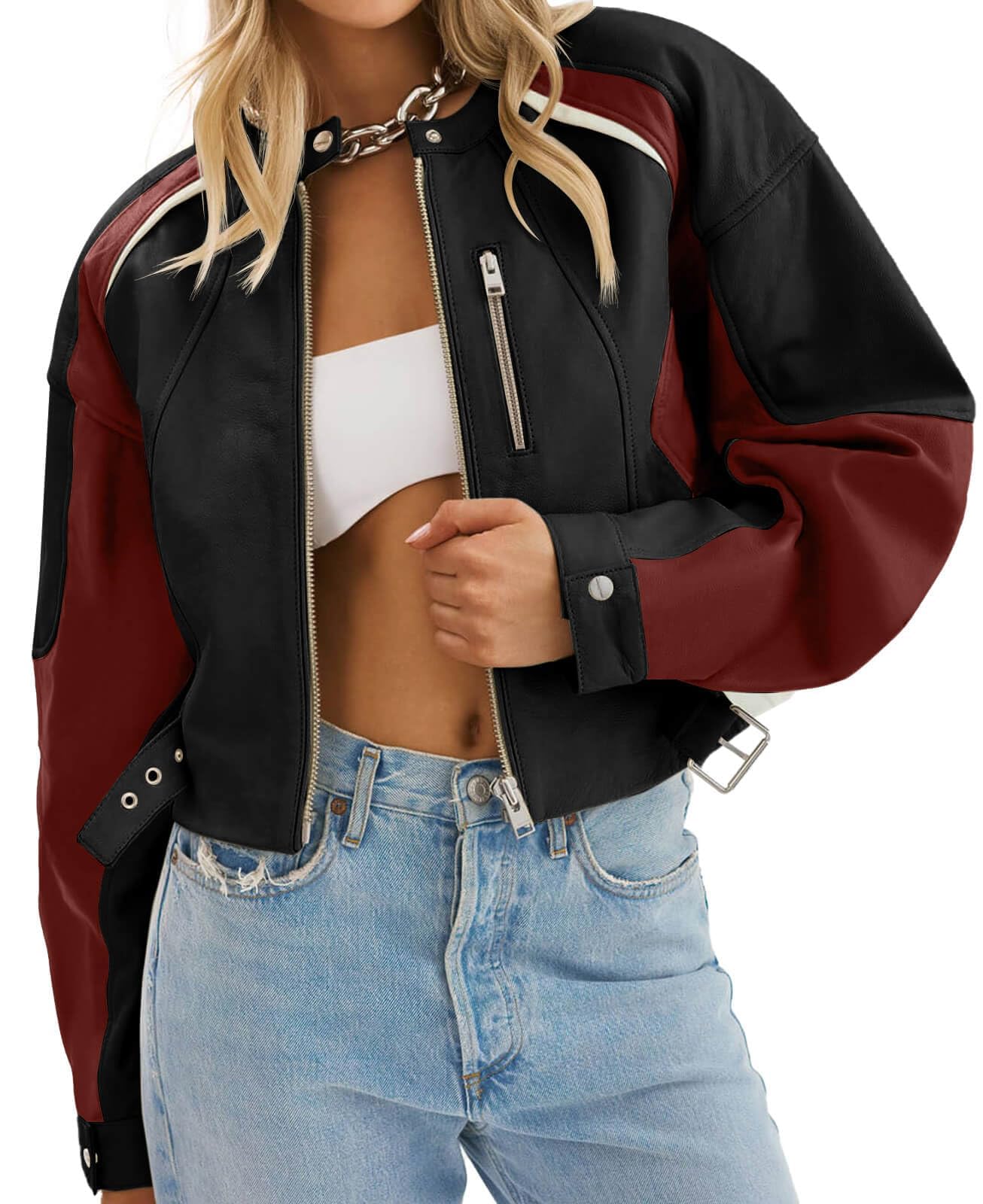 Tankaneo Womens Faux Leather Bomber Jackets Cropped Fall Moto Biker Coats