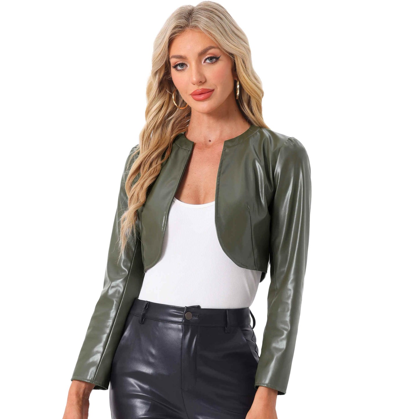 Allegra K Faux Leather Jacket for Women's Open Front Long Sleeve PU Cropped Leather Jacket Coat X-Small Army Green