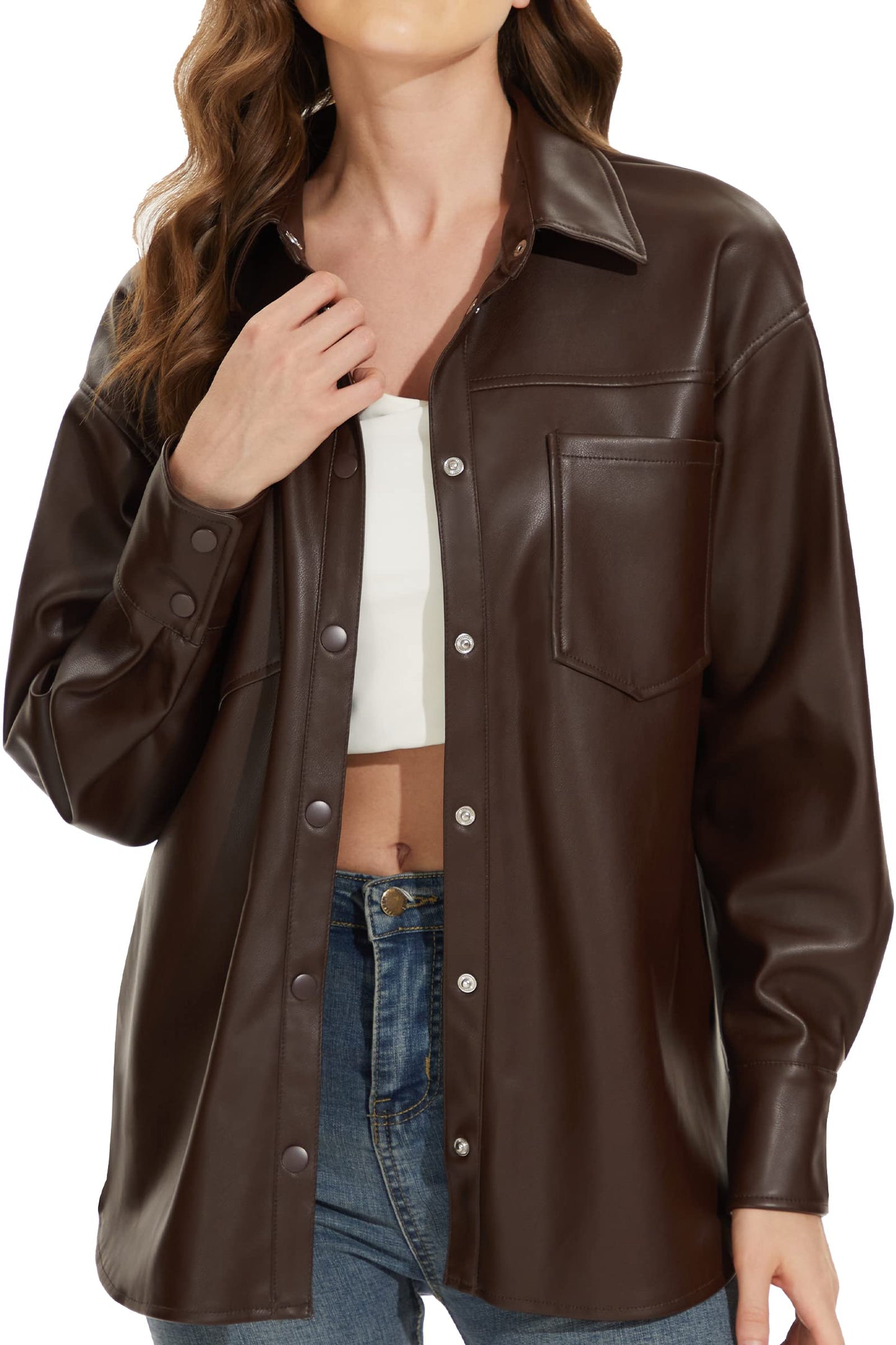 Fahsyee Women Faux Leather Shacket Moto Biker Shirts Loose Fit Blazer Long Sleeves Button Casual Jacket Plus Size S-XXL
