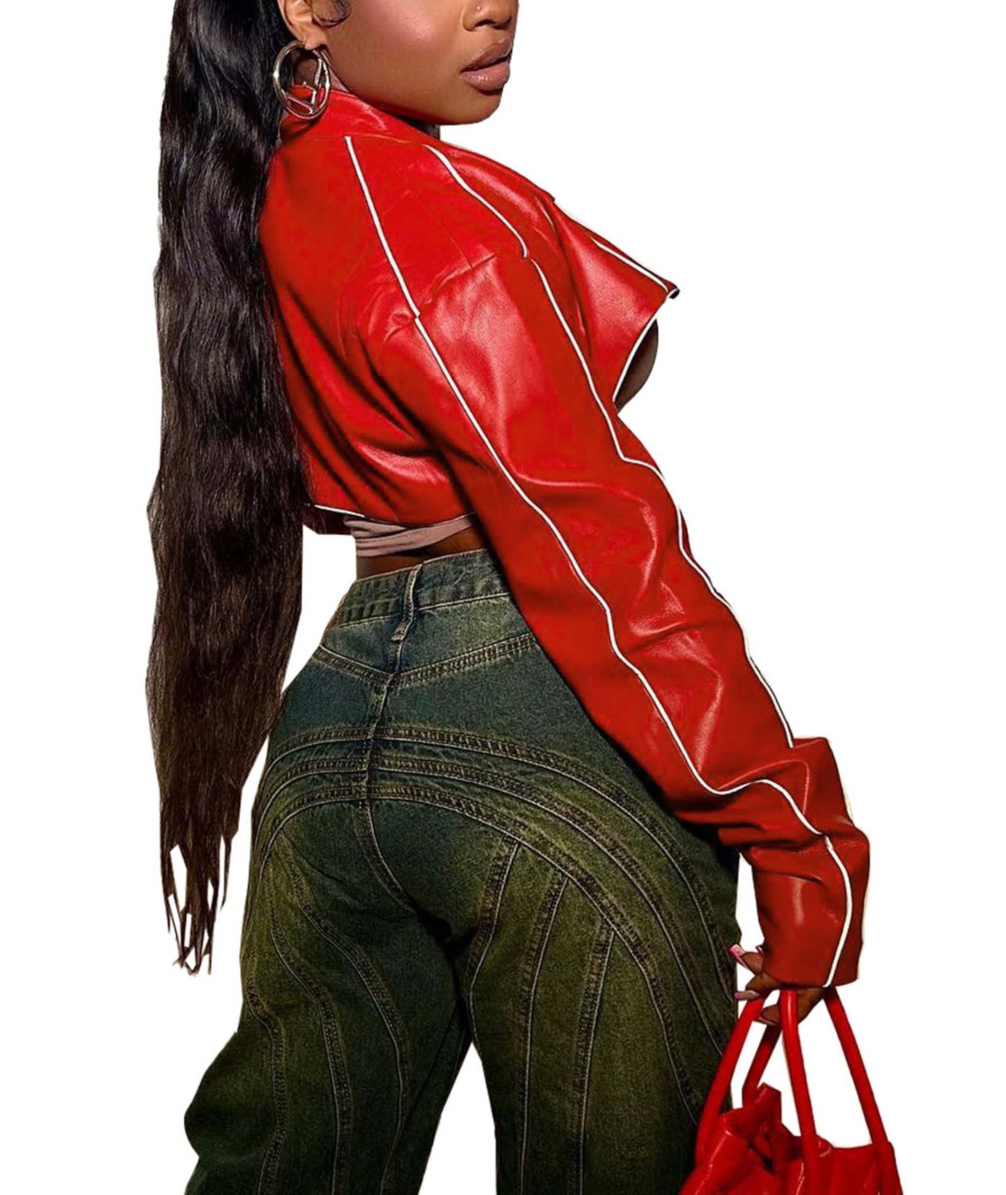 SEMATOMALA Women's Mock Neck PU Leather Crop Jacket Shrug Moto Biker Zip Up Faux Leather Slim Bolero Coat RE-XL