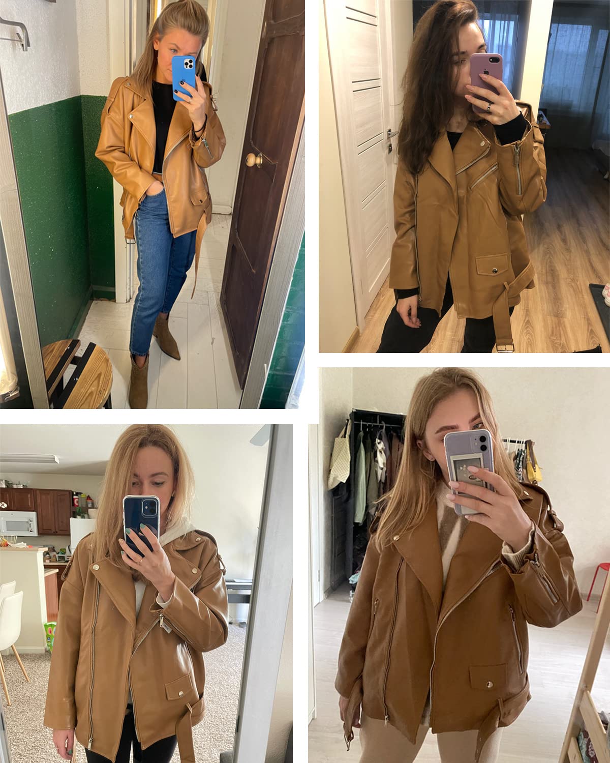 LY VAREY LIN Women Faux Leather Jacket Lapel Collar Motorcycle Zip Up Long Sleeve Motor Biker Short Coat Jacket (2123Brown, L)