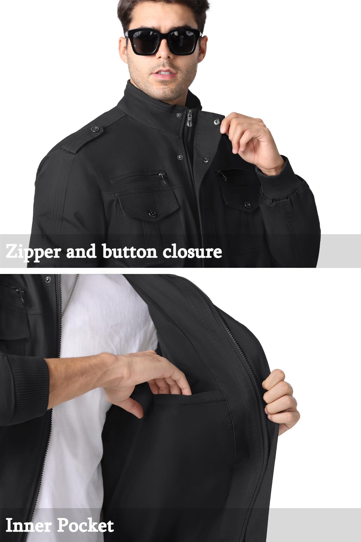MAGNIVIT Men's Military Cargo Jacket Lightweight Full Zip Jackets Black M