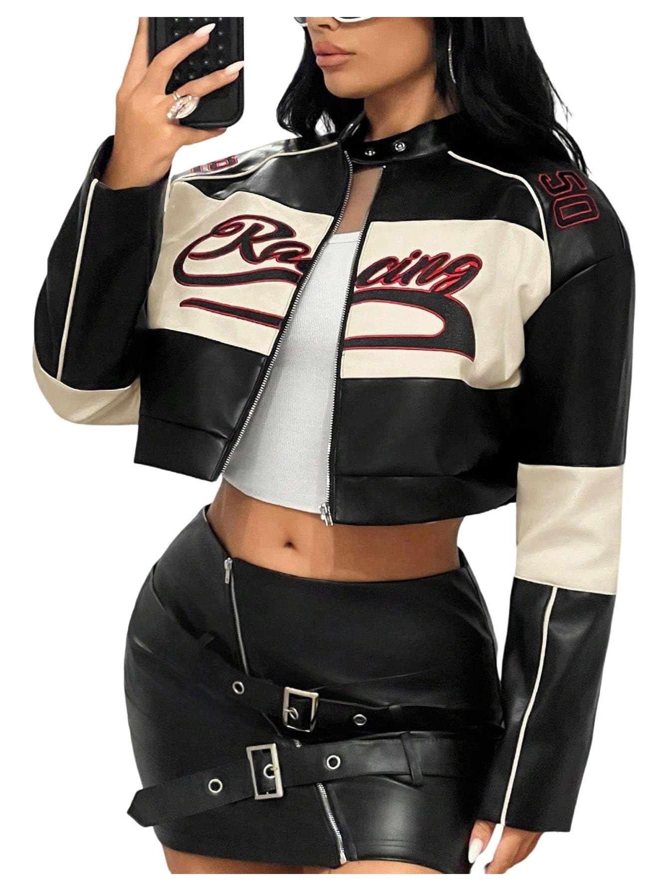 SOLY HUX Women's Faux Leather Zip Up Crop Jackets Graphic Long Sleeve Shirts Motorcycle Outerwear Black Beige Graphic Medium