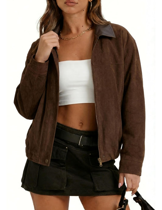 Tanming Womens Faux Suede Jacket Oversized Zip Up Bomber Jacket Lapel Collar Motorcycle Biker Pilot Coat Fall Spring Trendy Outerwear with Pockets(Coffee-L)