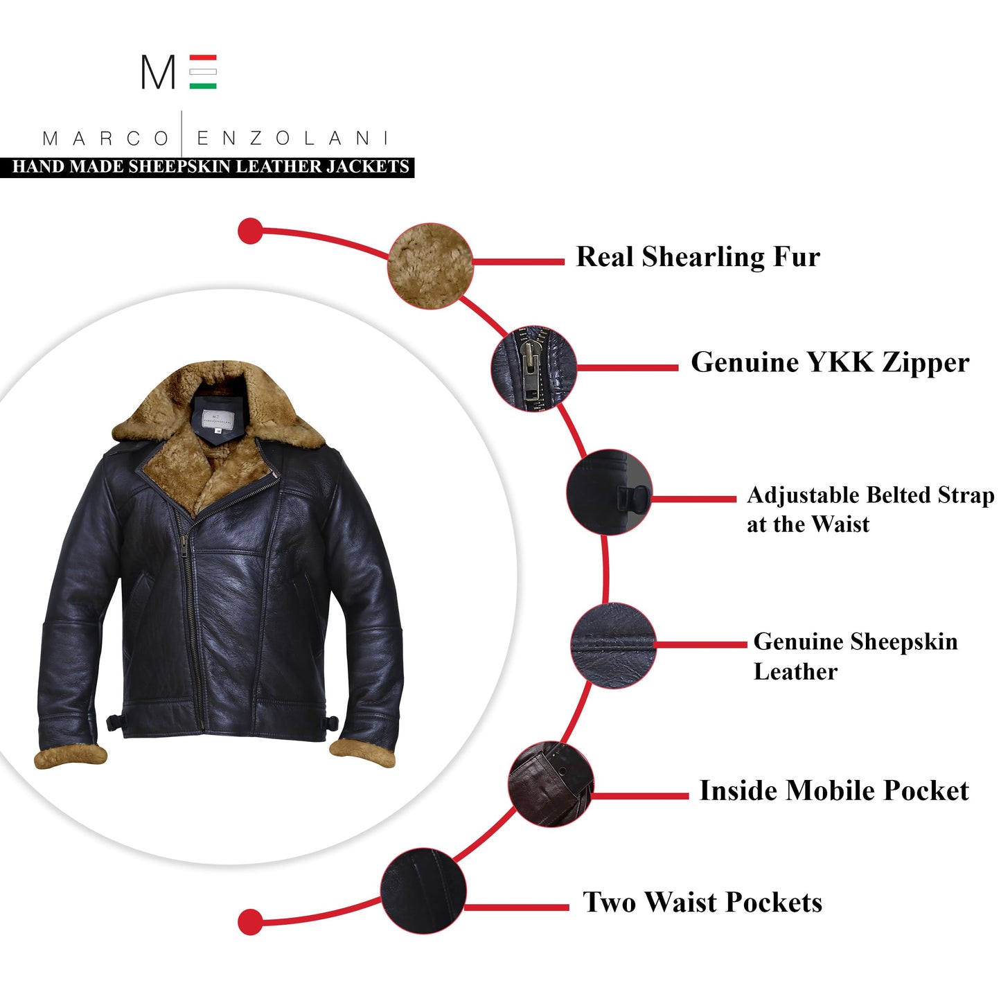 MARCO ENZOLANI Cross Zip B3 Bomber Aviator Real Shearling Brown Sheepskin Leather Jacket - Warm Leather Jacket (Crosszip Dark-Medium)