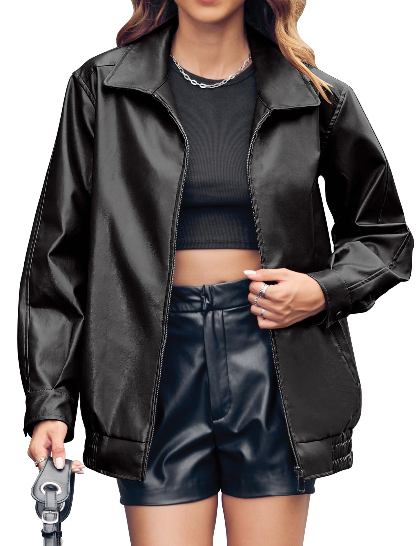 Miladusa Womens Leather Jackets Long Sleeve Warm Moto Biker Pleather Jacket Fall Coat 2026 Trendy Black M