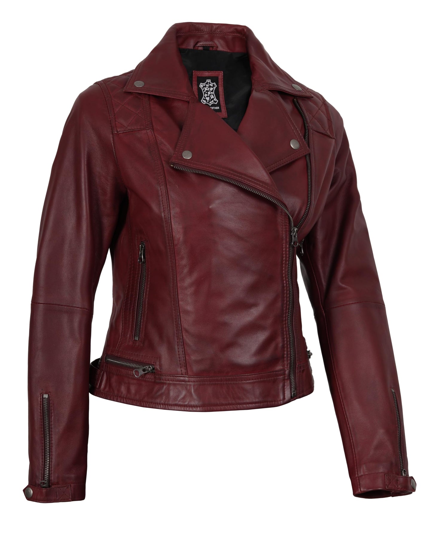 Decrum Disc Womens Burgundy Asymmetrical Jacket - Genuine Lambskin Women Jakcet | [1306493] Kmberly, M