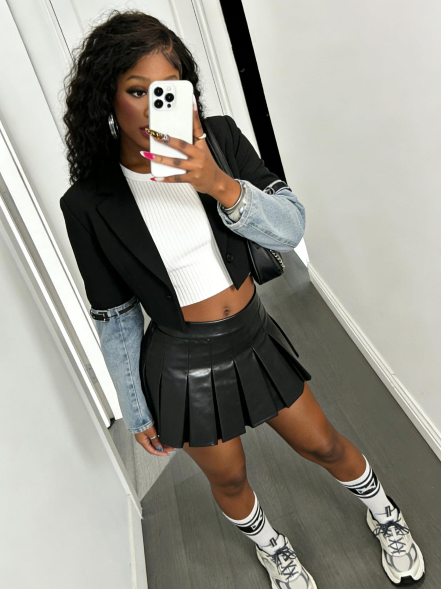 Nihsatin Women’s Contrast Denim Cropped Blazer Edgy Patchwork Jean Jacket for Party & Night Out