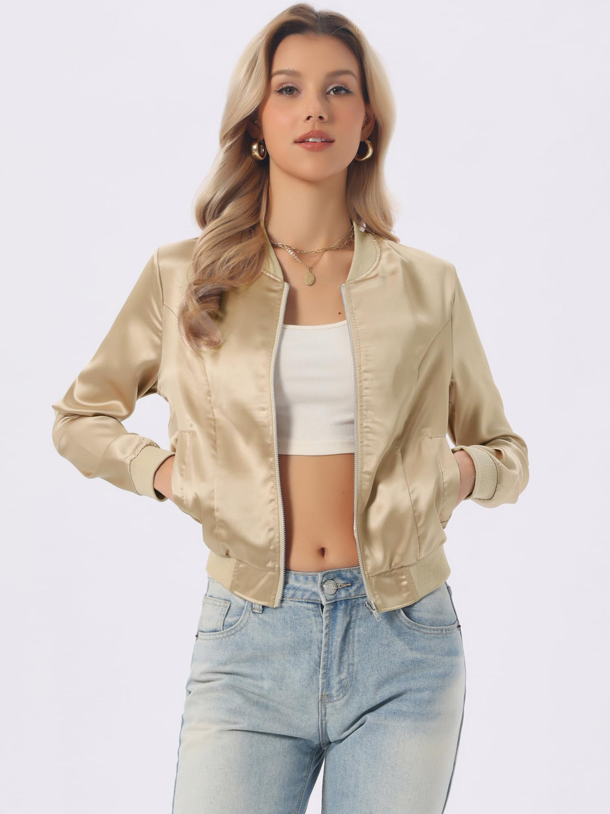 Allegra K Women's Bomber Jacket Satin Long Sleeve Zipper Floral Print Casual Fall Coat with Pocket Winter Outwear X-Large Champagne