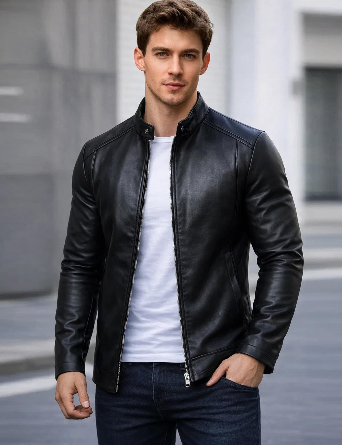 Zbrandy Mens Leather Jacket Faux Leather Motorcycle Jackets Stand Collar Biker Coat Outwear Black L