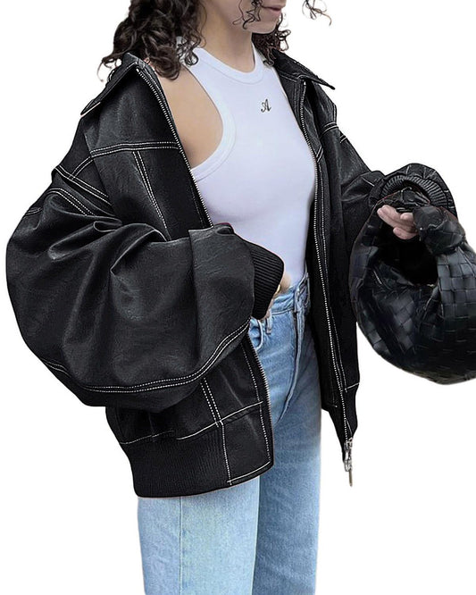 utcoco Women's Faux Leather Motorcycle Jacket Oversized Zip Up Winter Coat Outerwear 2025 Fall Fashion Clothes (Large, Black)