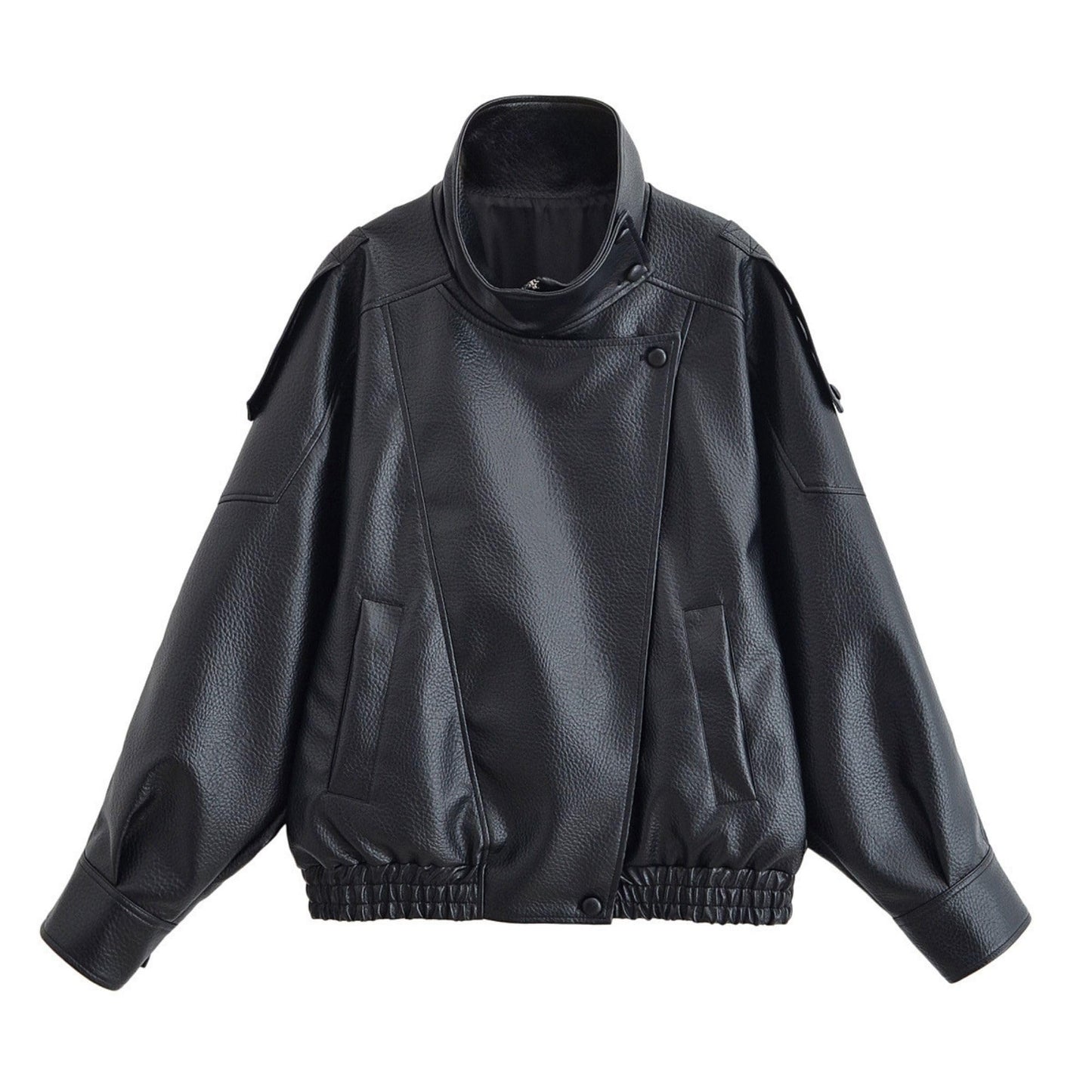 FindThy Women’s Oversized Faux Leather Jacket Casual High Collar Long Sleeve Zip Up Fall Fashion Motorcycle Coats(4201-Black-S-LB)