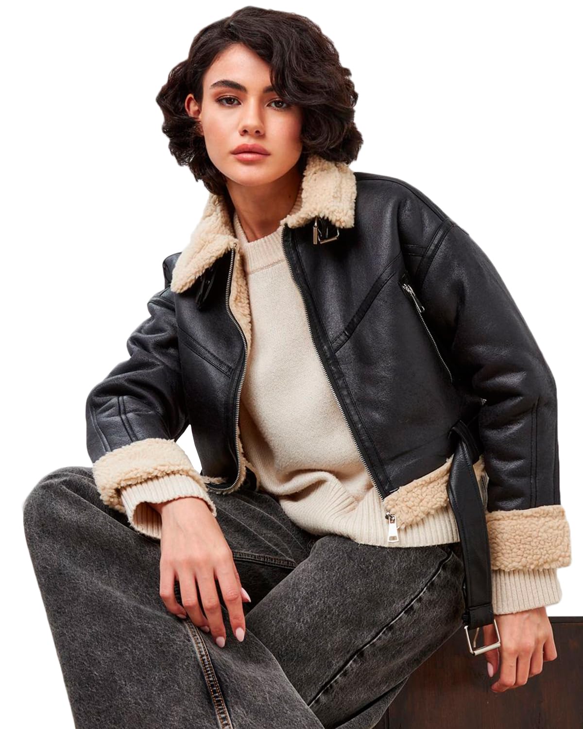 LY VAREY LIN Winter Women Faux Lamb Fur Leather Short Jacket Lapel Zipper Bomber Aviator Coat