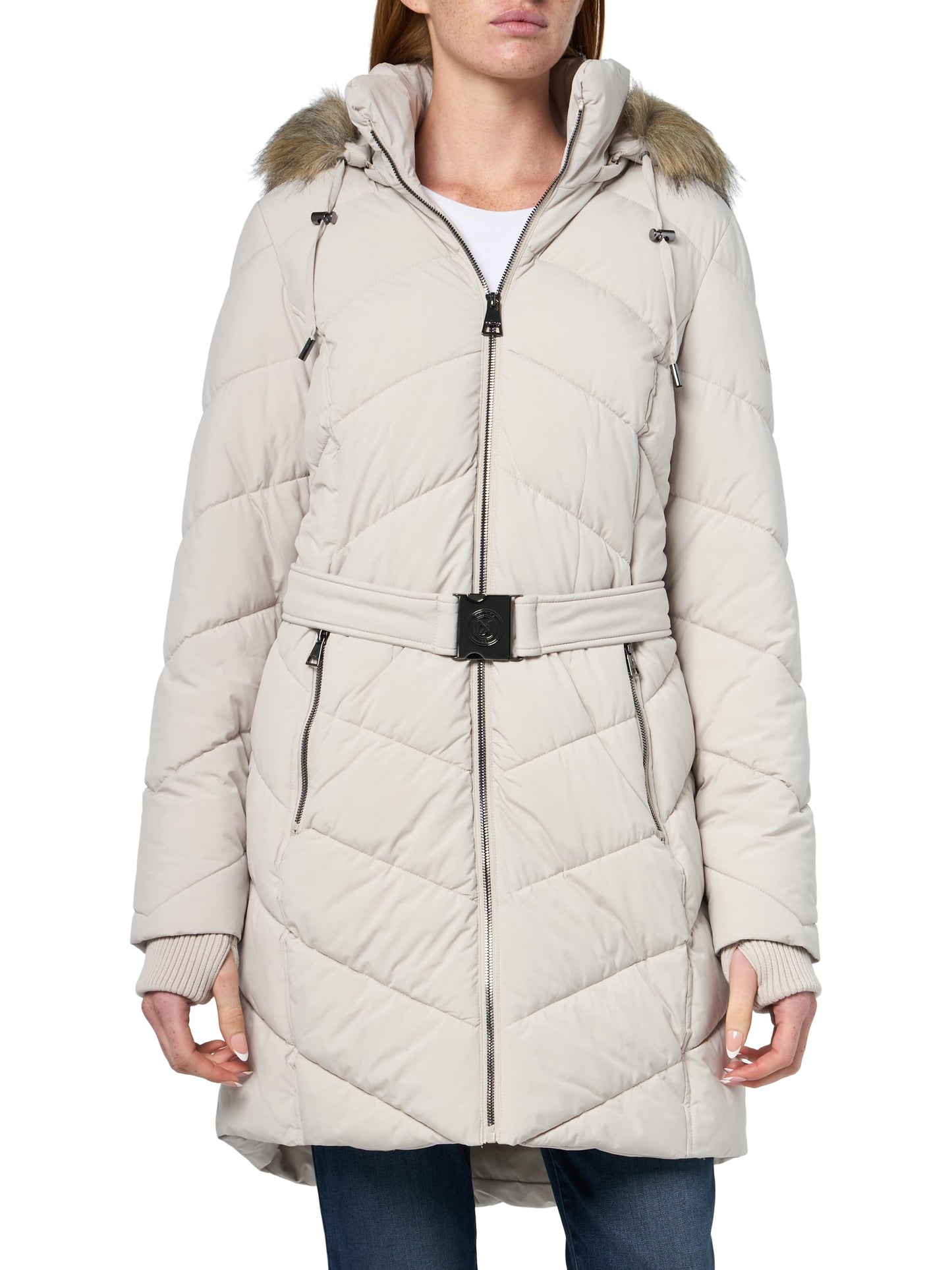 Nautica Women's Stretch Belted Puffer Jacket – Heavyweight Winter Coat Faux Fur Hood, Storm Cuffs, Limestone, Large