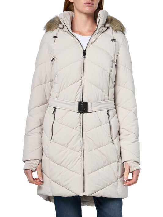 Nautica Women's Stretch Belted Puffer Jacket – Heavyweight Winter Coat Faux Fur Hood, Storm Cuffs, Limestone, Large