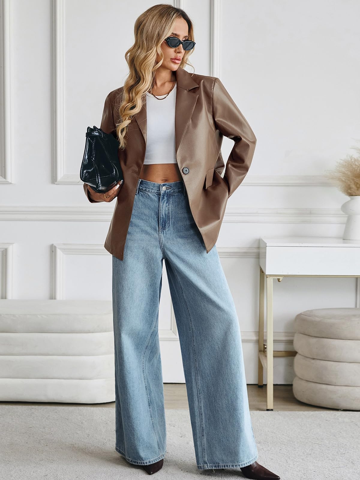 KateModa Women's Faux Leather Blazer Oversized Bomber Winter Coat Motocycle Button Down Fall Jackets with Pockets Khaki Small