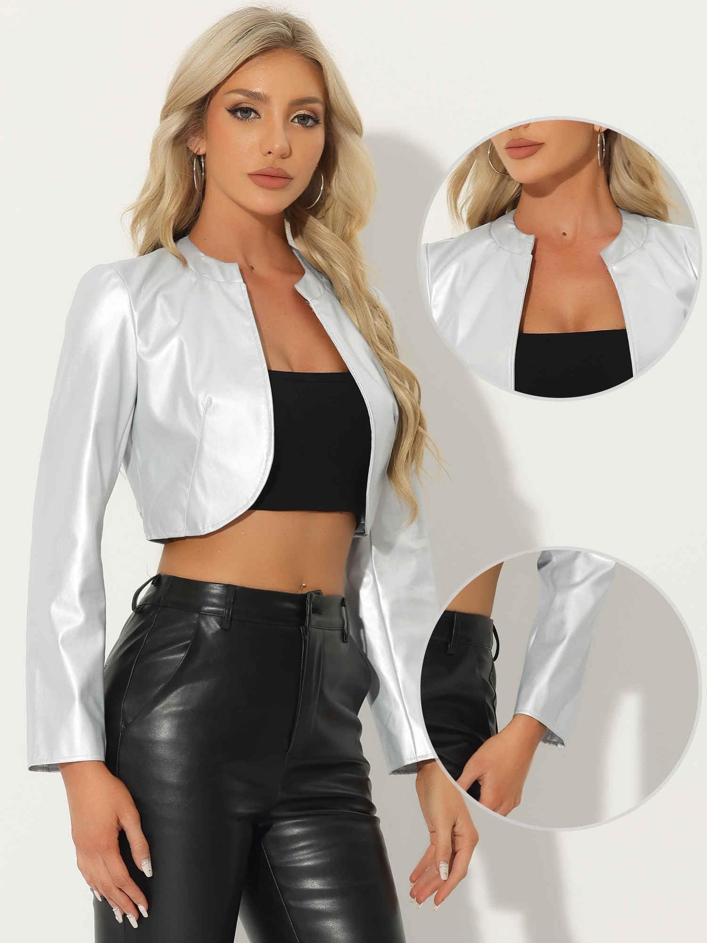 Allegra K Faux Leather Jacket for Women's Open Front Long Sleeve PU Cropped Leather Jacket Coat Small Silver