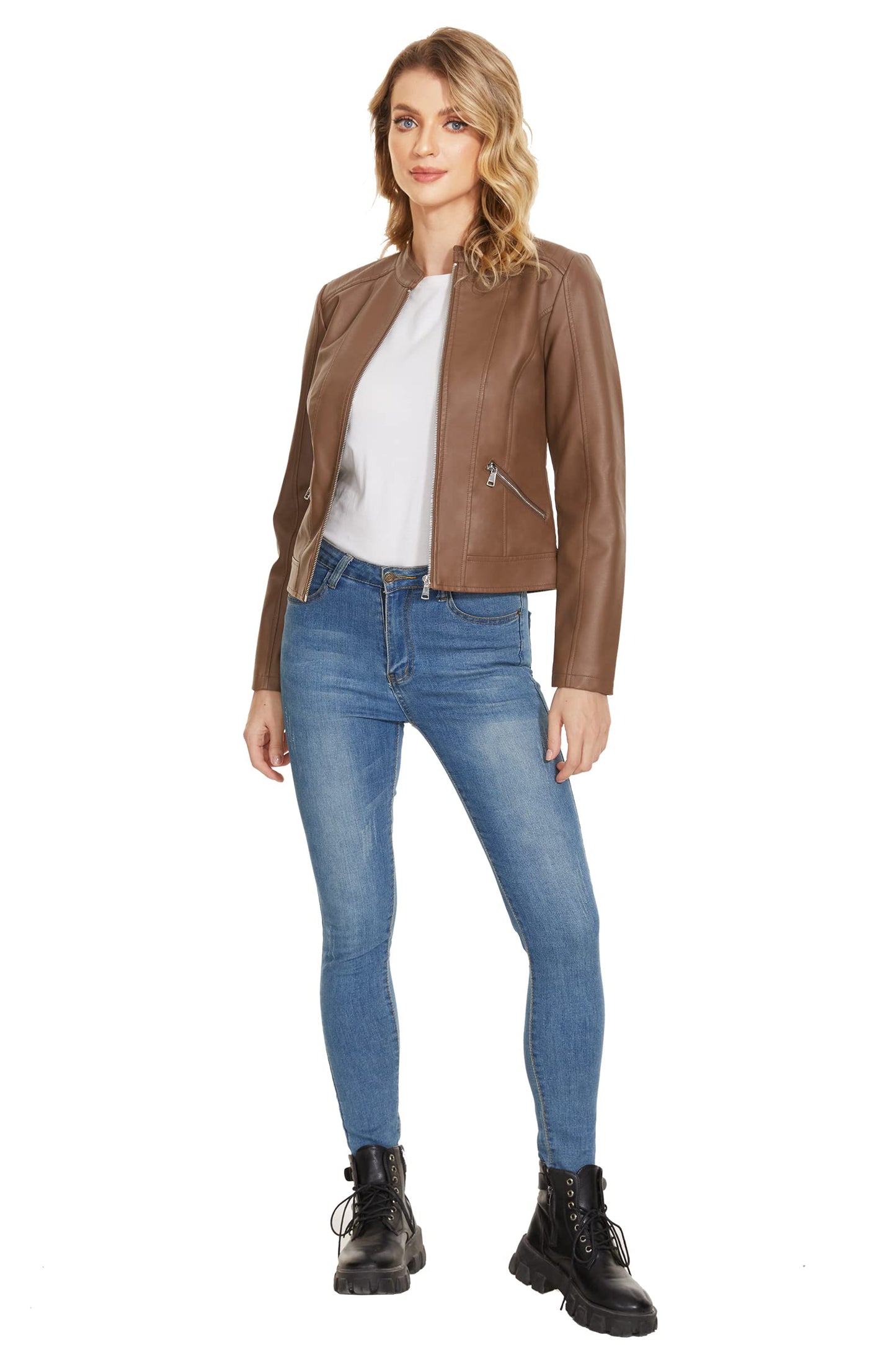Fahsyee Women's Faux Leather Jackets, Camel Crop Petite Zip Up Motorcycle Short PU Moto Biker Outwear Stand Collar Fitted Slim Coat, Size L